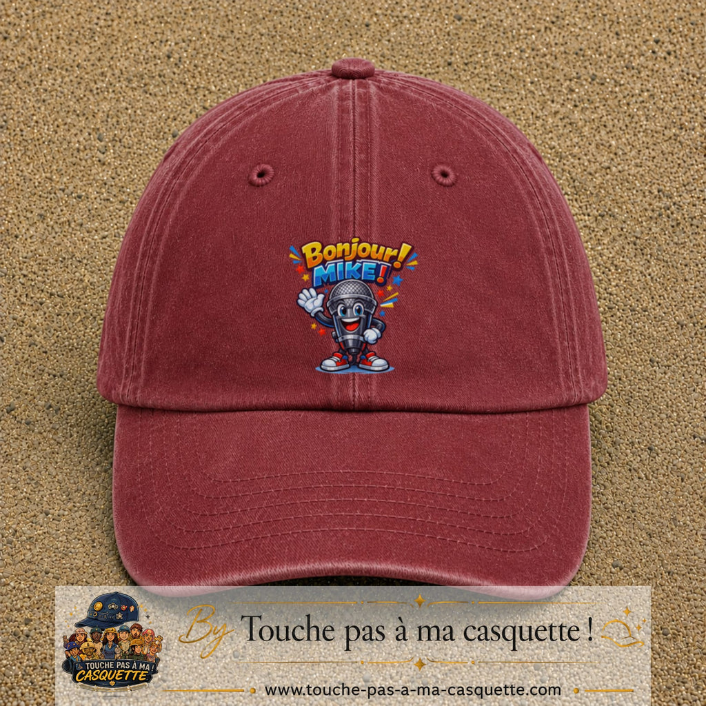 Casquette baseball Rouge délavé - Bordeaux délavé 100% coton avec motif Bonjour Mike 7 cm - image principale