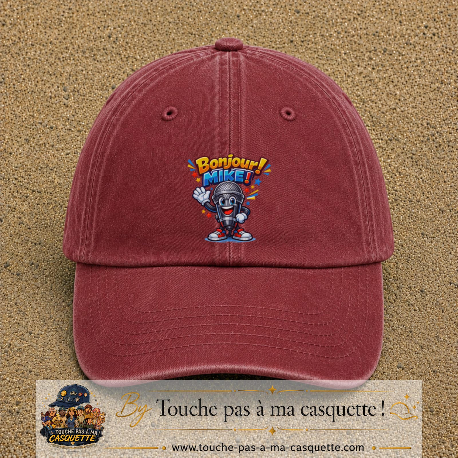 Casquette baseball Rouge délavé - Bordeaux délavé 100% coton avec motif Bonjour Mike 7 cm - image principale