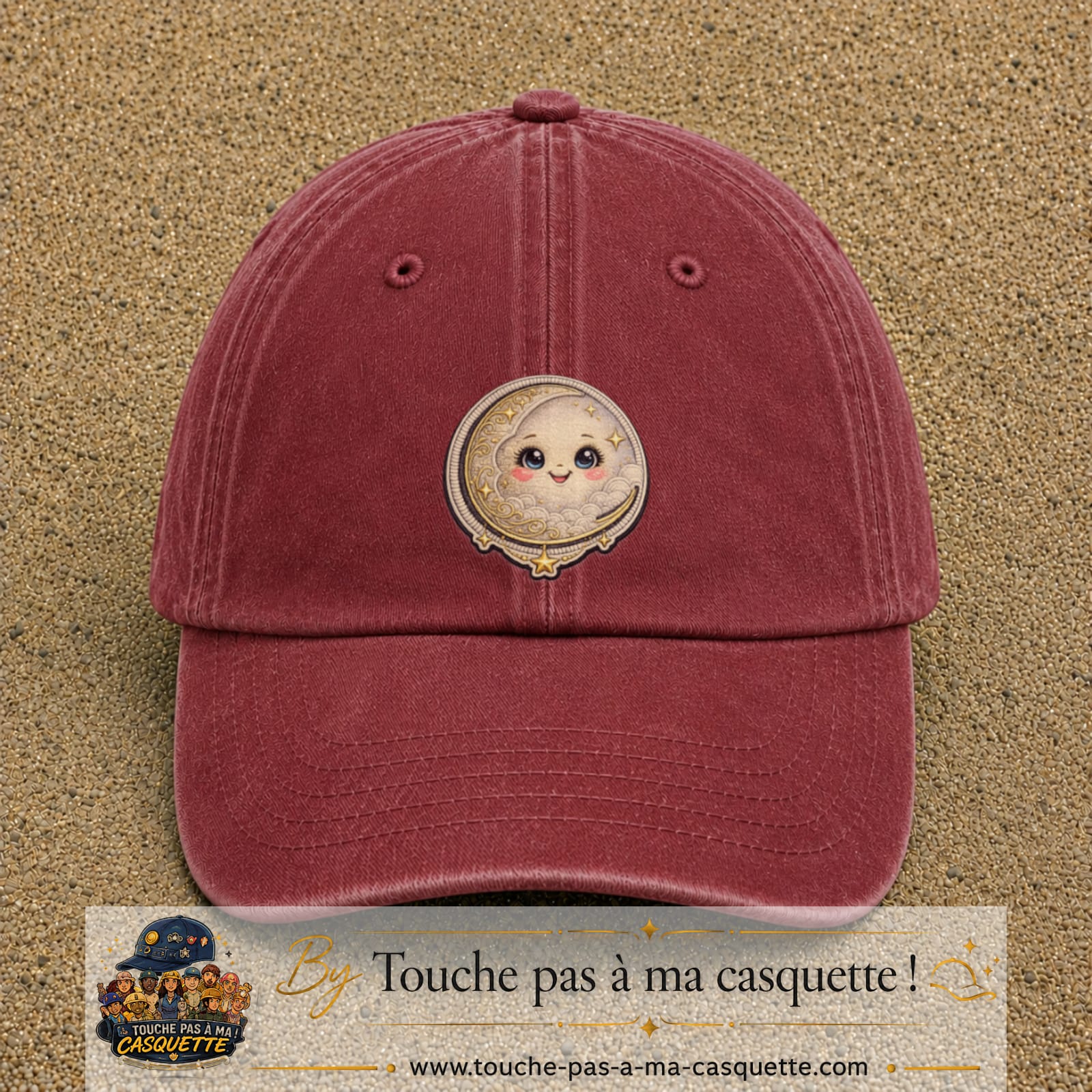 Casquette Rouge délavé - Bordeaux délavé motif Lune kawaii 7 cm - vue principale