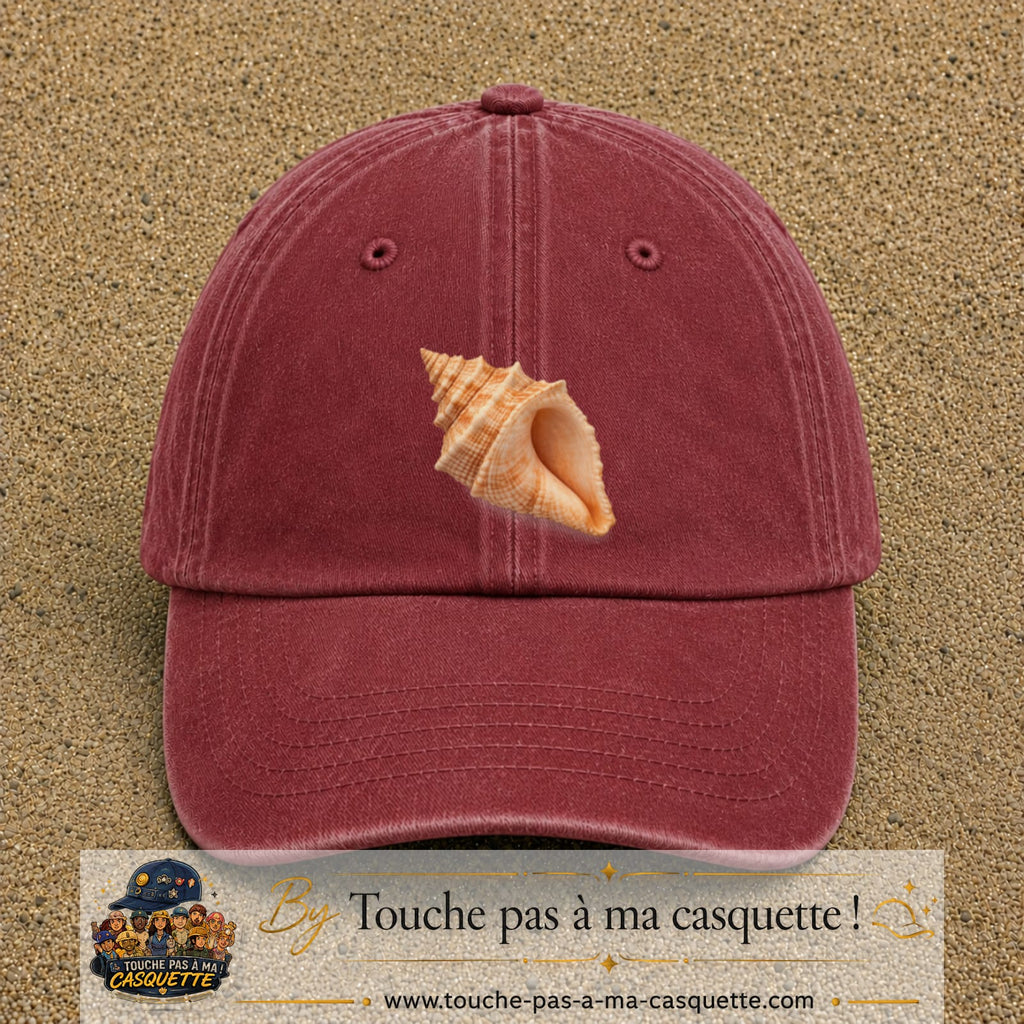 Casquette baseball Rouge délavé - Bordeaux délavé 100% coton avec visuel Coquillage marin 7 cm - image produit principale