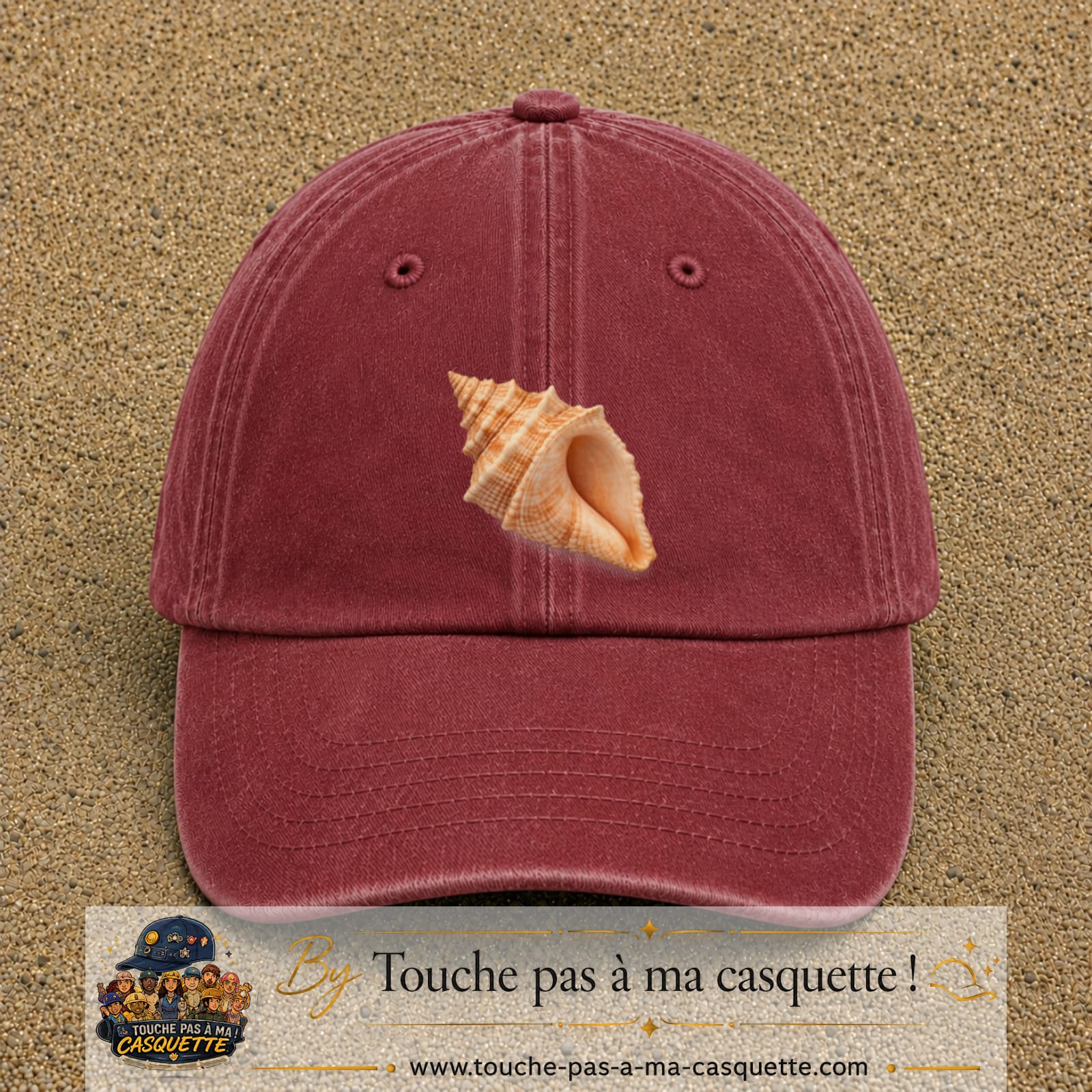 Casquette baseball Rouge délavé - Bordeaux délavé 100% coton avec visuel Coquillage marin 7 cm - image produit principale