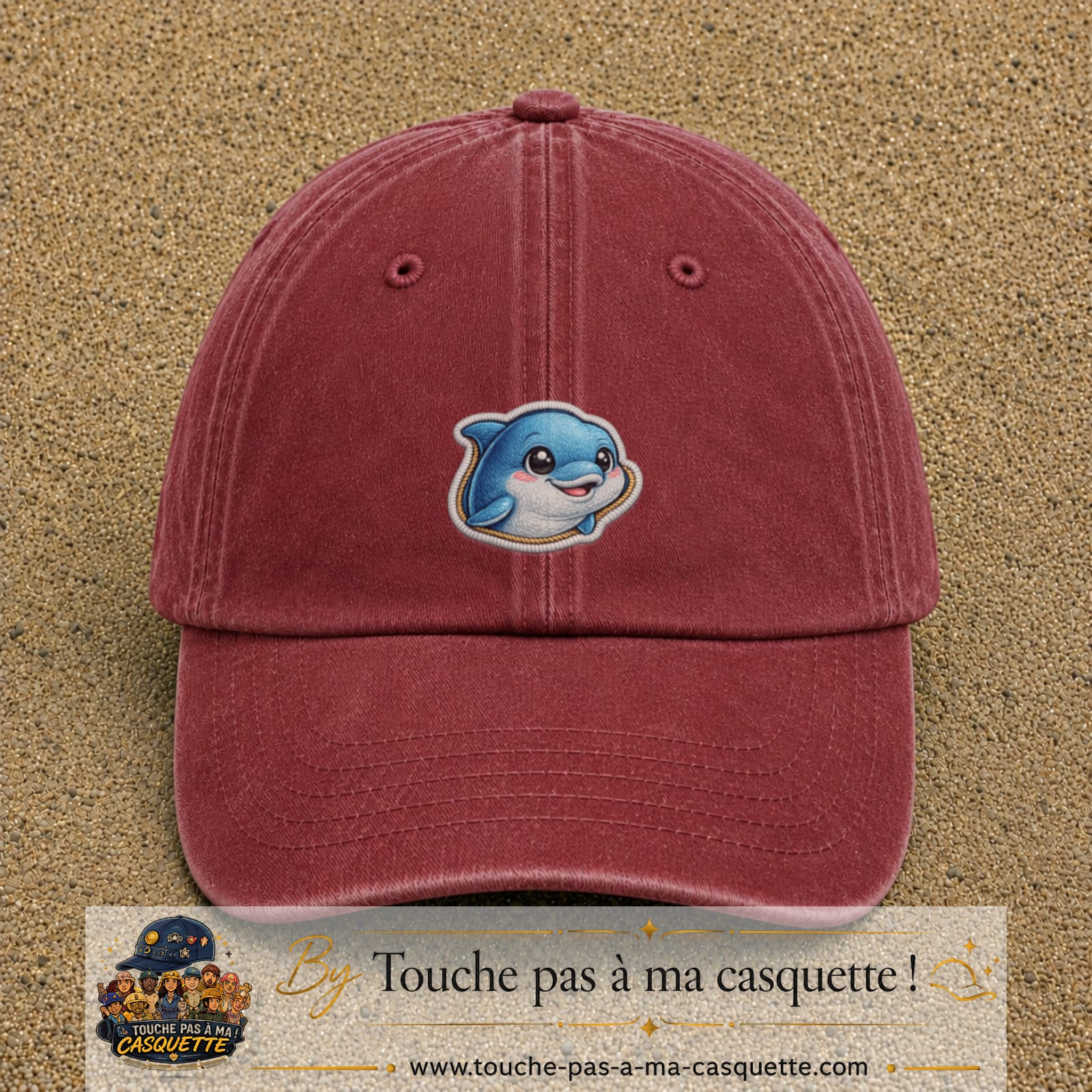Casquette Rouge délavé - Bordeaux délavé motif Dauphin souriant 5 cm - vue principale