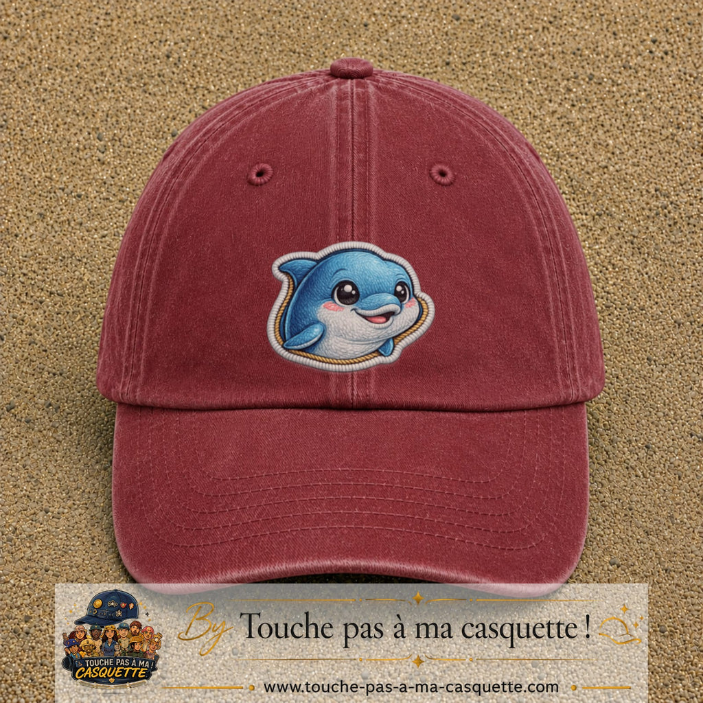 Casquette Rouge délavé - Bordeaux délavé motif Dauphin souriant 7 cm - vue principale