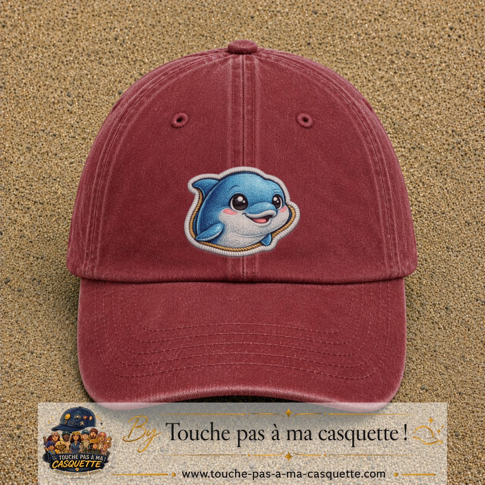 Casquette Rouge délavé - Bordeaux délavé motif Dauphin souriant 7 cm - vue principale