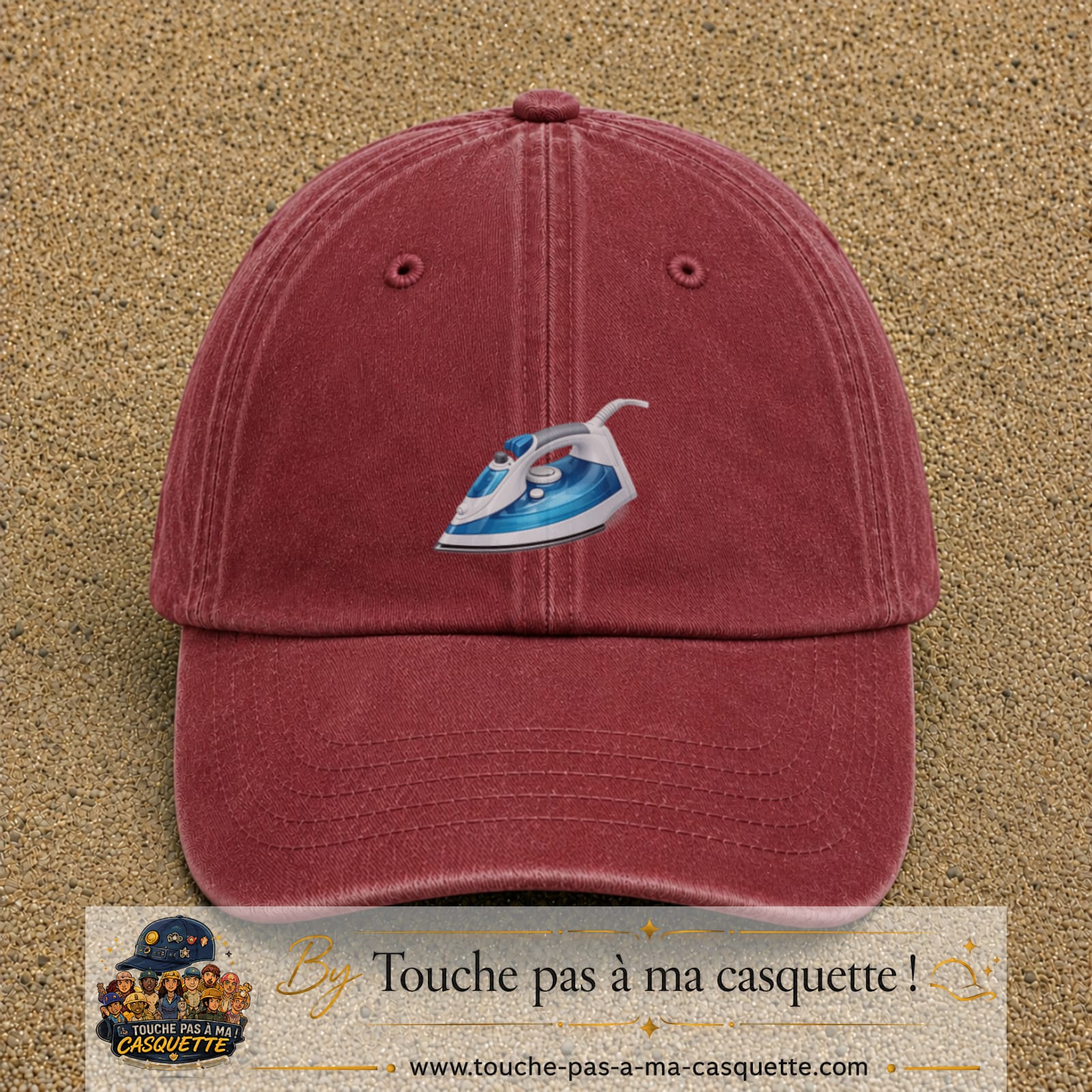 Casquette Rouge délavé - Bordeaux délavé 100% coton avec motif Fer à repasser bleu 5 cm - image principale