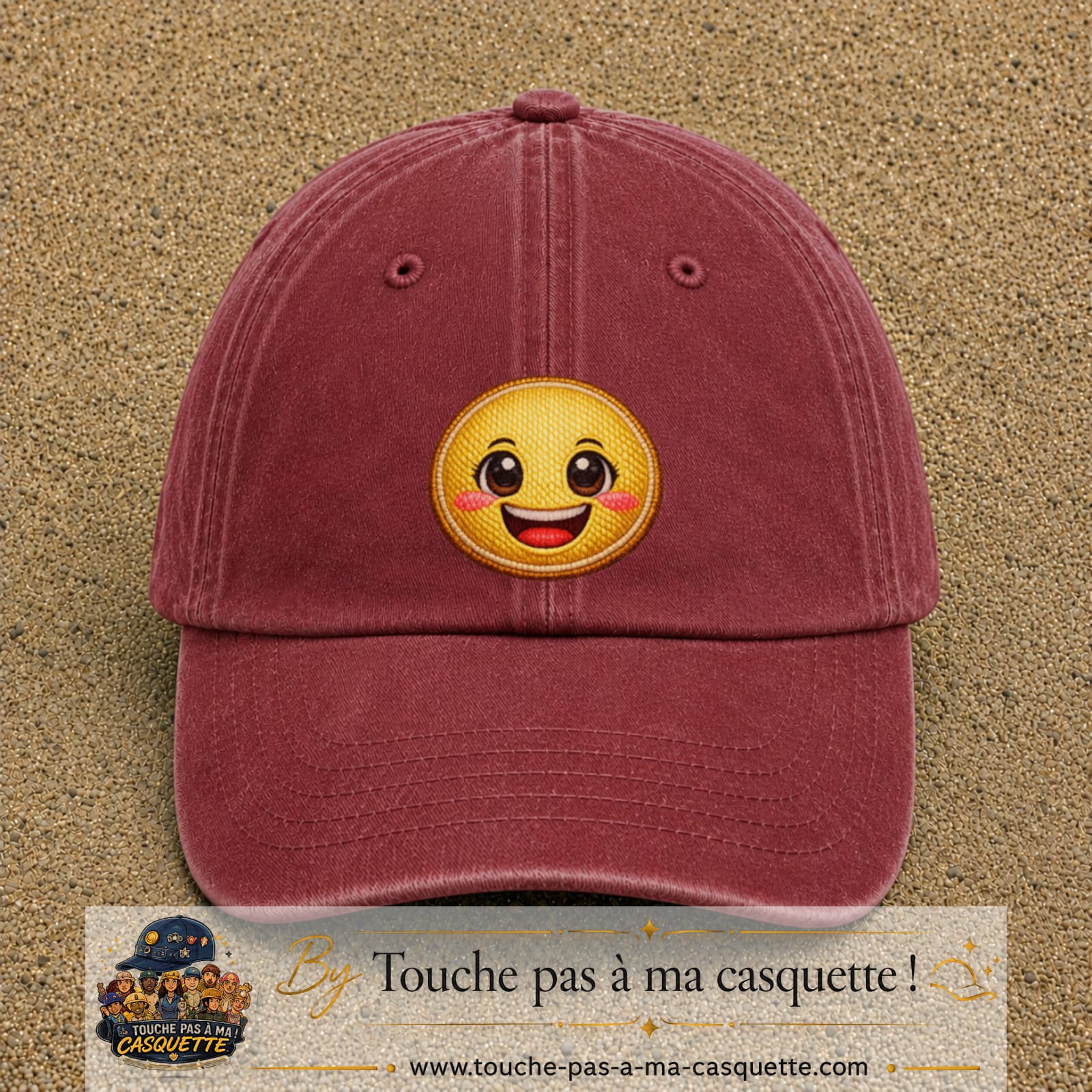Casquette Rouge délavé - Bordeaux délavé motif Smiley joyeux 7 cm - vue principale