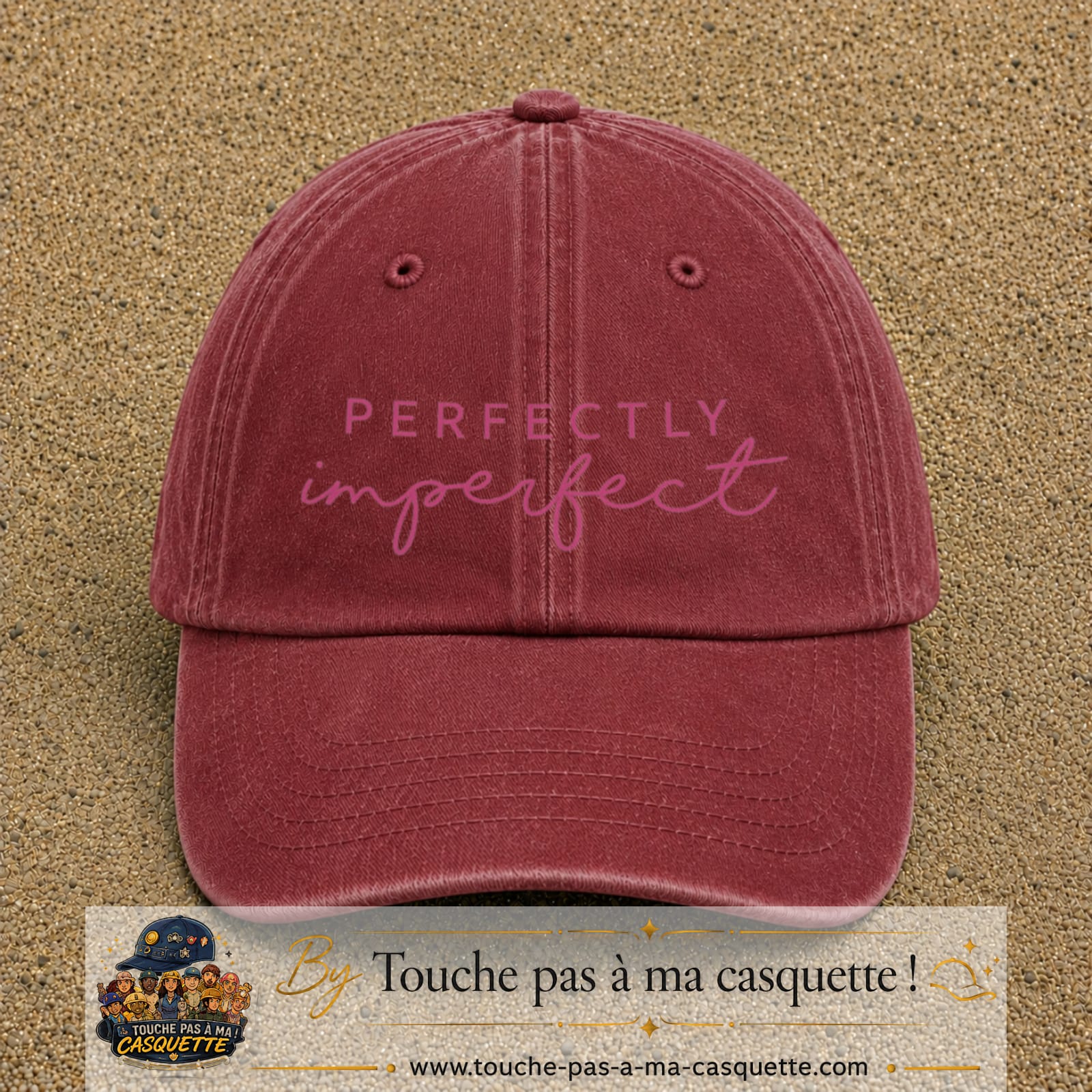 Casquette Rouge délavé - Bordeaux délavé motif Message Perfectly Imperfect 7 cm - vue principale