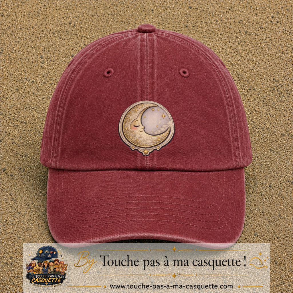 Casquette Rouge délavé - Bordeaux délavé motif Lune endormie 7 cm - vue principale