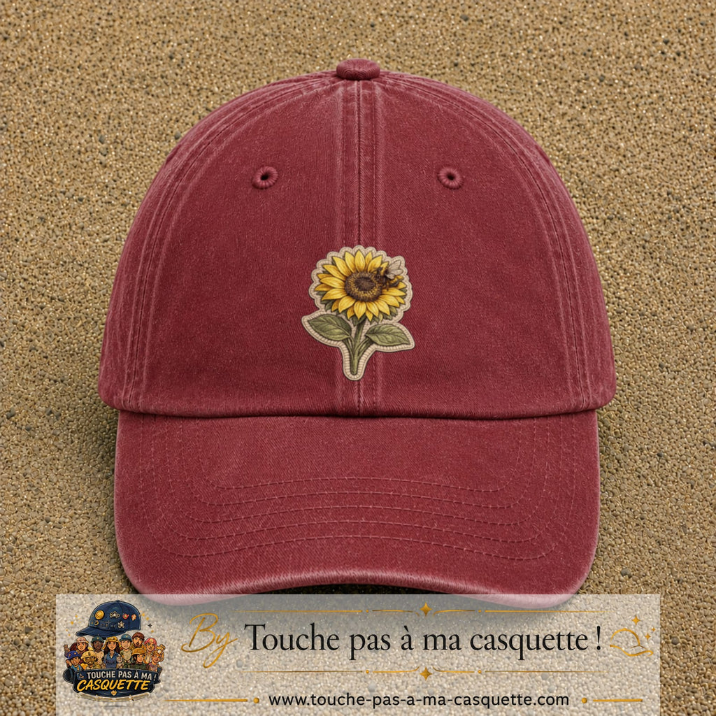 Casquette Rouge délavé - Bordeaux délavé motif Tournesol patch 7 cm - vue principale