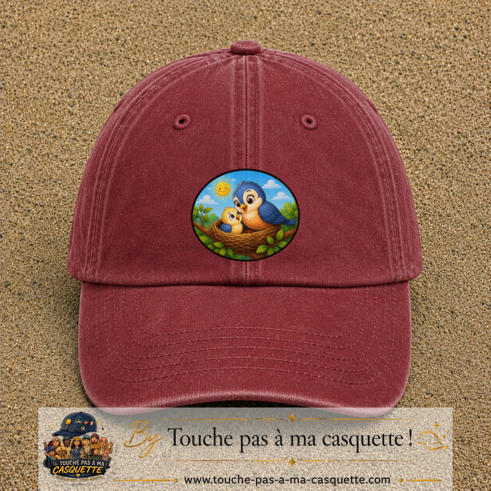Casquette baseball Rouge délavé - Bordeaux délavé 100% coton avec visuel Oiseaux au nid 7 cm - image produit principale