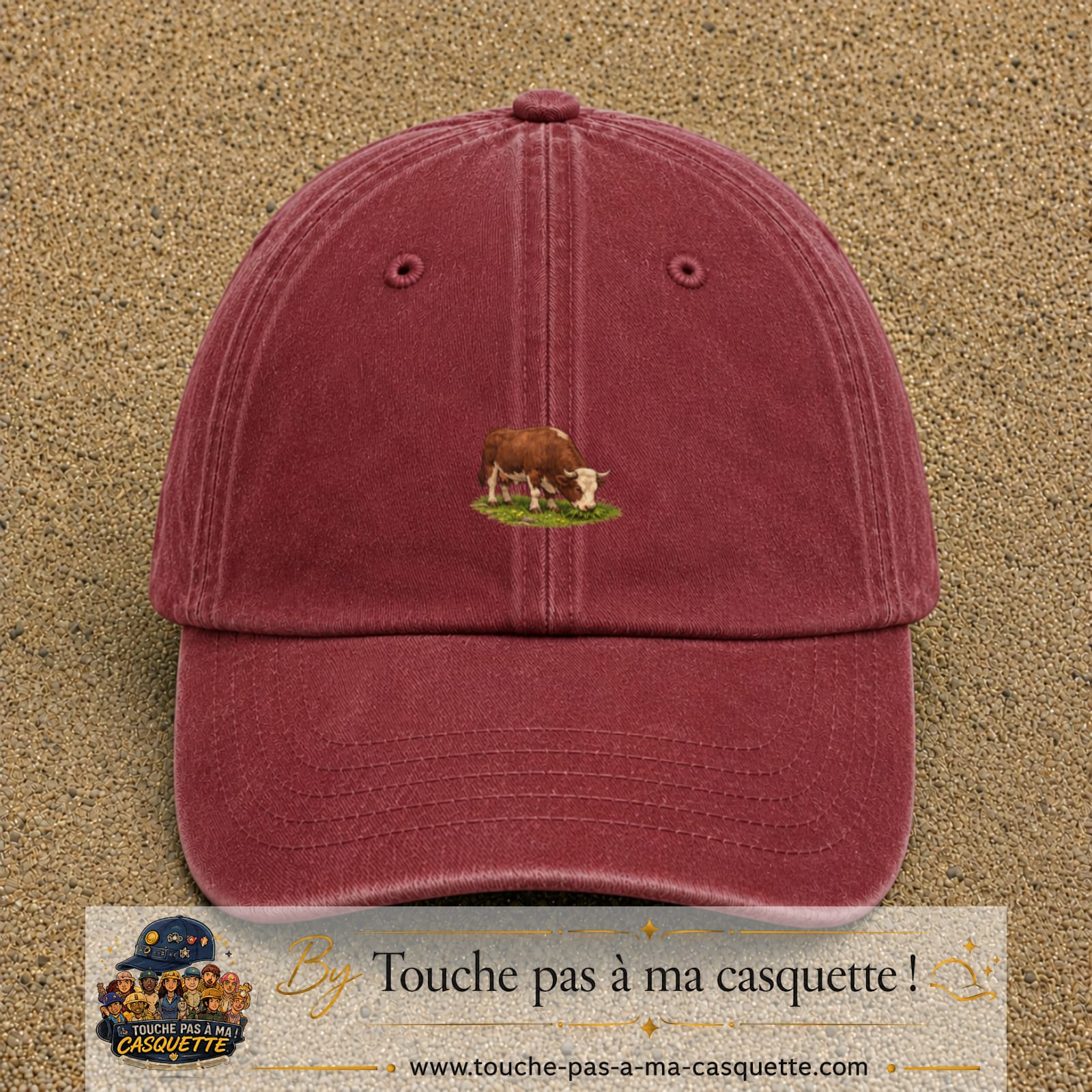 Casquette baseball Rouge délavé - Bordeaux délavé 100% coton avec motif Vache brune 3 cm - image principale