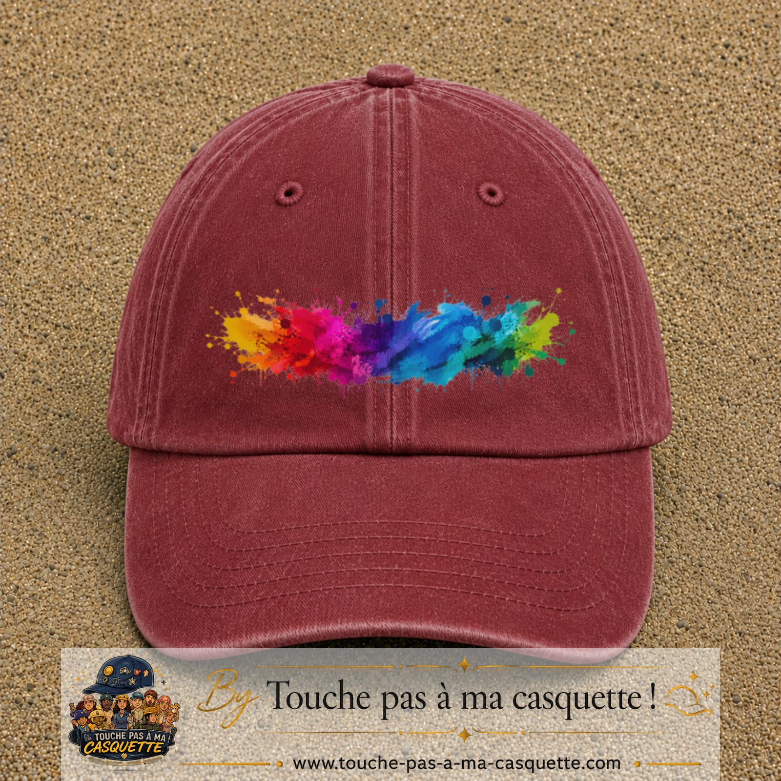 Casquette baseball Rouge délavé - Bordeaux délavé 100% coton avec visuel Éclaboussure peinture 7 cm - image produit principale