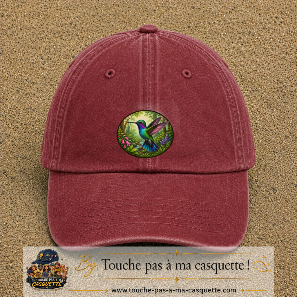 Casquette baseball Rouge délavé - Bordeaux délavé 100% coton avec visuel Colibri tropical 7 cm - image produit principale