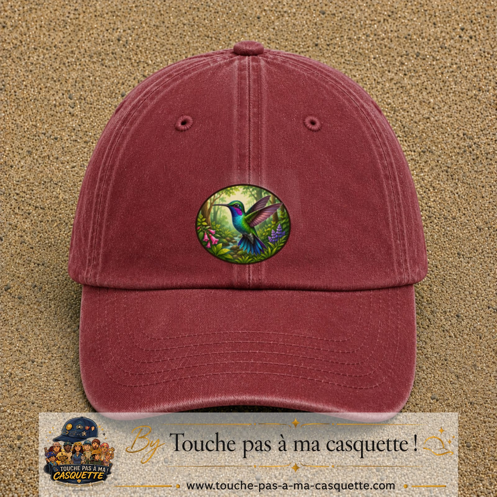 Casquette baseball Rouge délavé - Bordeaux délavé 100% coton avec visuel Colibri tropical 7 cm - image produit principale