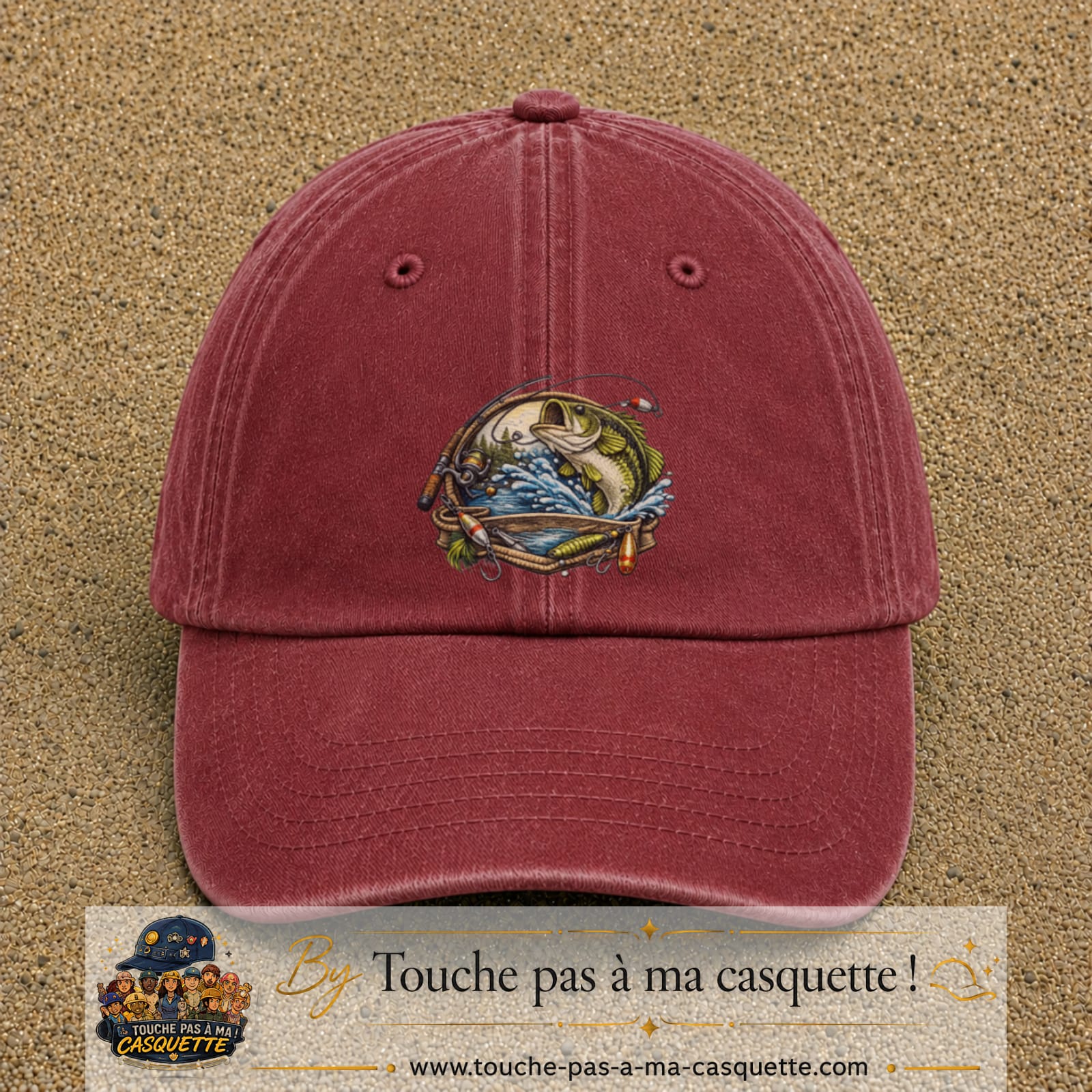 Casquette Rouge délavé - Bordeaux délavé motif Pêche sportive 7 cm - vue principale