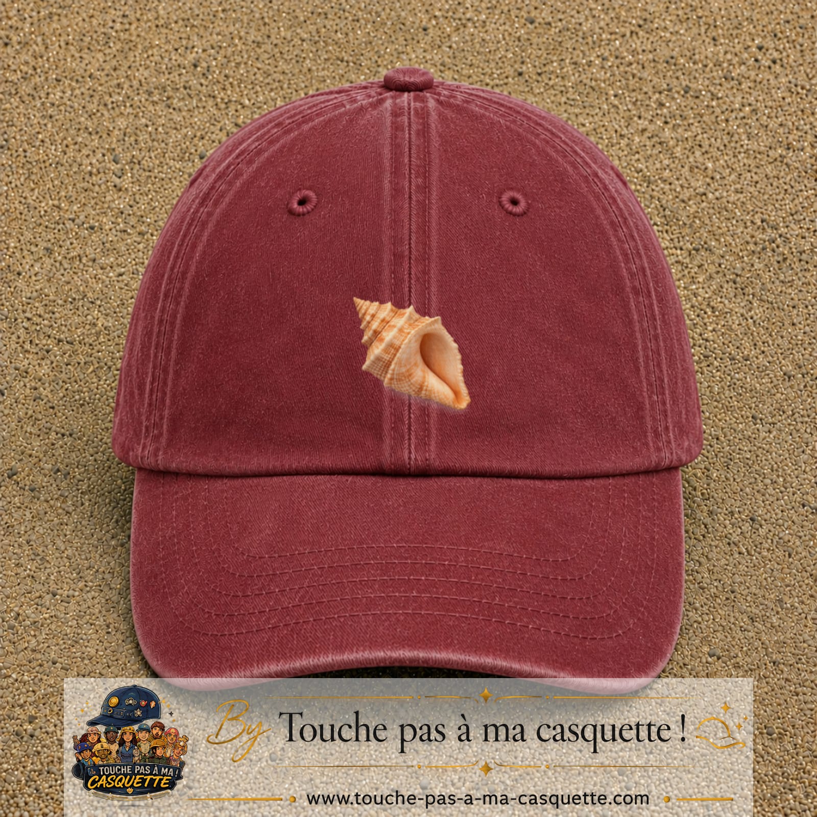 Casquette baseball Rouge délavé - Bordeaux délavé 100% coton avec visuel Coquillage marin 5 cm - image produit principale