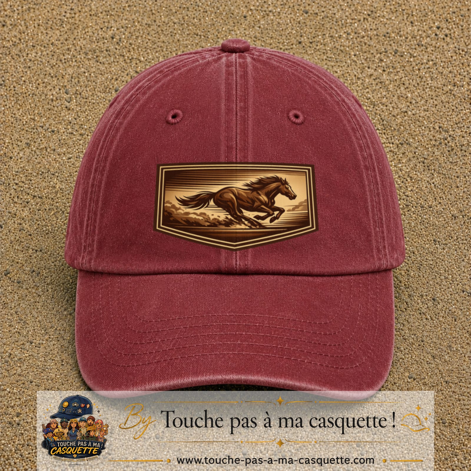 Casquette baseball Rouge délavé - Bordeaux délavé 100% coton avec visuel Cheval en course 7 cm - image produit principale
