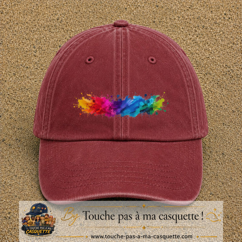 Casquette baseball Rouge délavé - Bordeaux délavé 100% coton avec visuel Éclaboussure peinture 5 cm - image produit principale