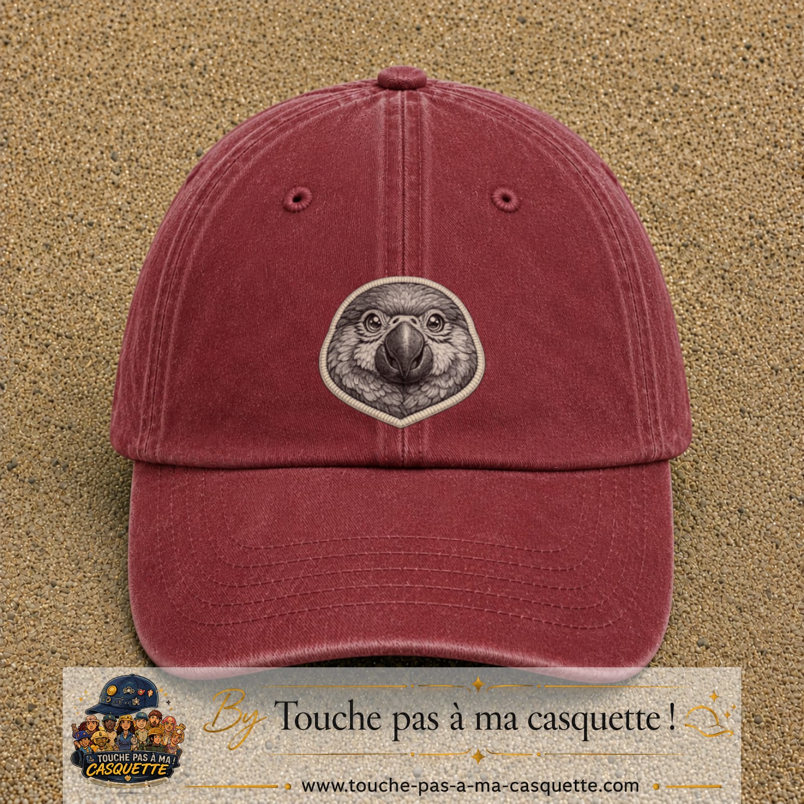 Casquette Rouge délavé - Bordeaux délavé motif Perroquet rond 7 cm - vue principale