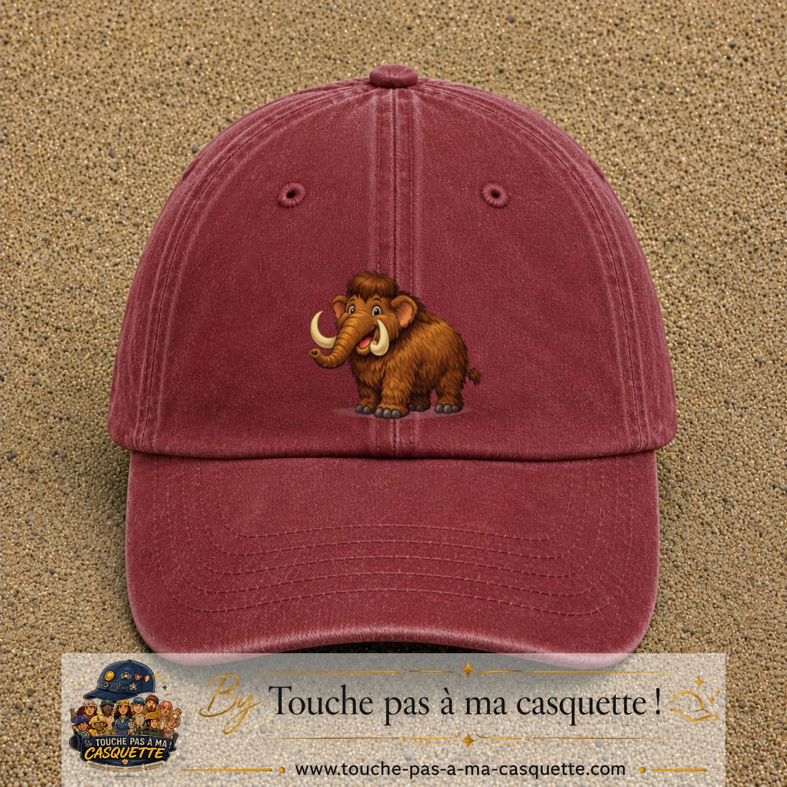 Casquette Rouge délavé - Bordeaux délavé 100% coton avec motif Mammouth cartoon 7 cm - image principale