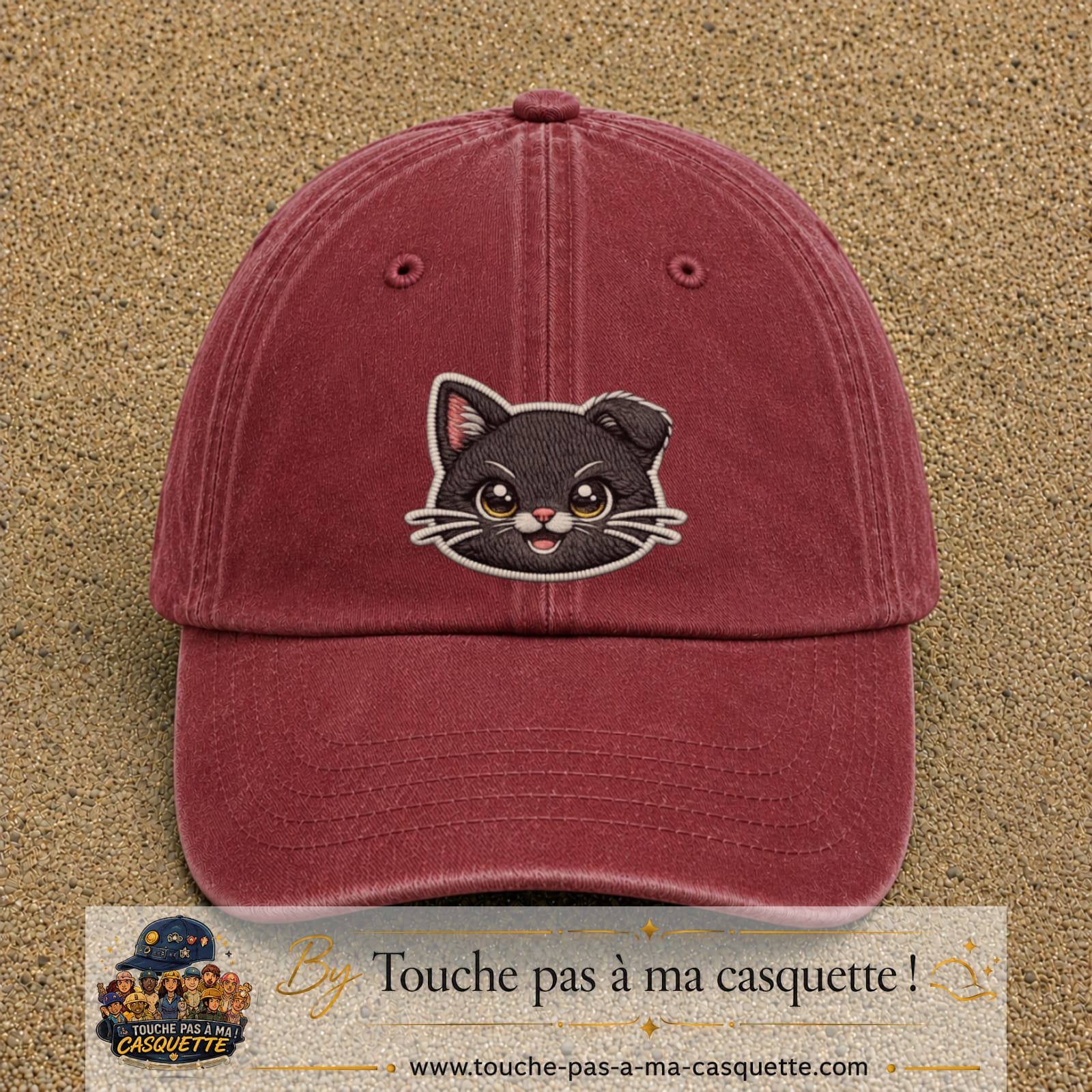 Casquette Rouge délavé - Bordeaux délavé motif Chaton mignon 7 cm - vue principale
