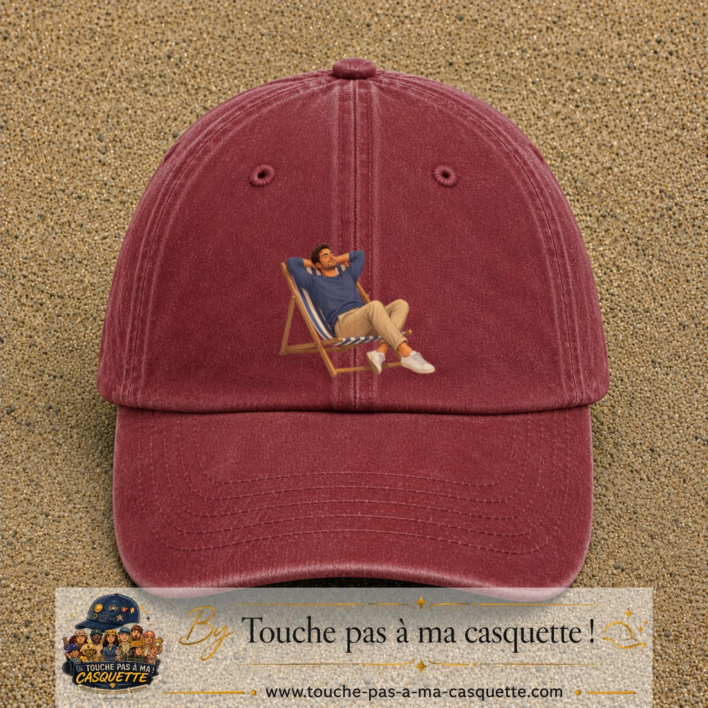 Casquette Rouge délavé - Bordeaux délavé 100% coton avec motif Pause soleil transat 7 cm - image principale