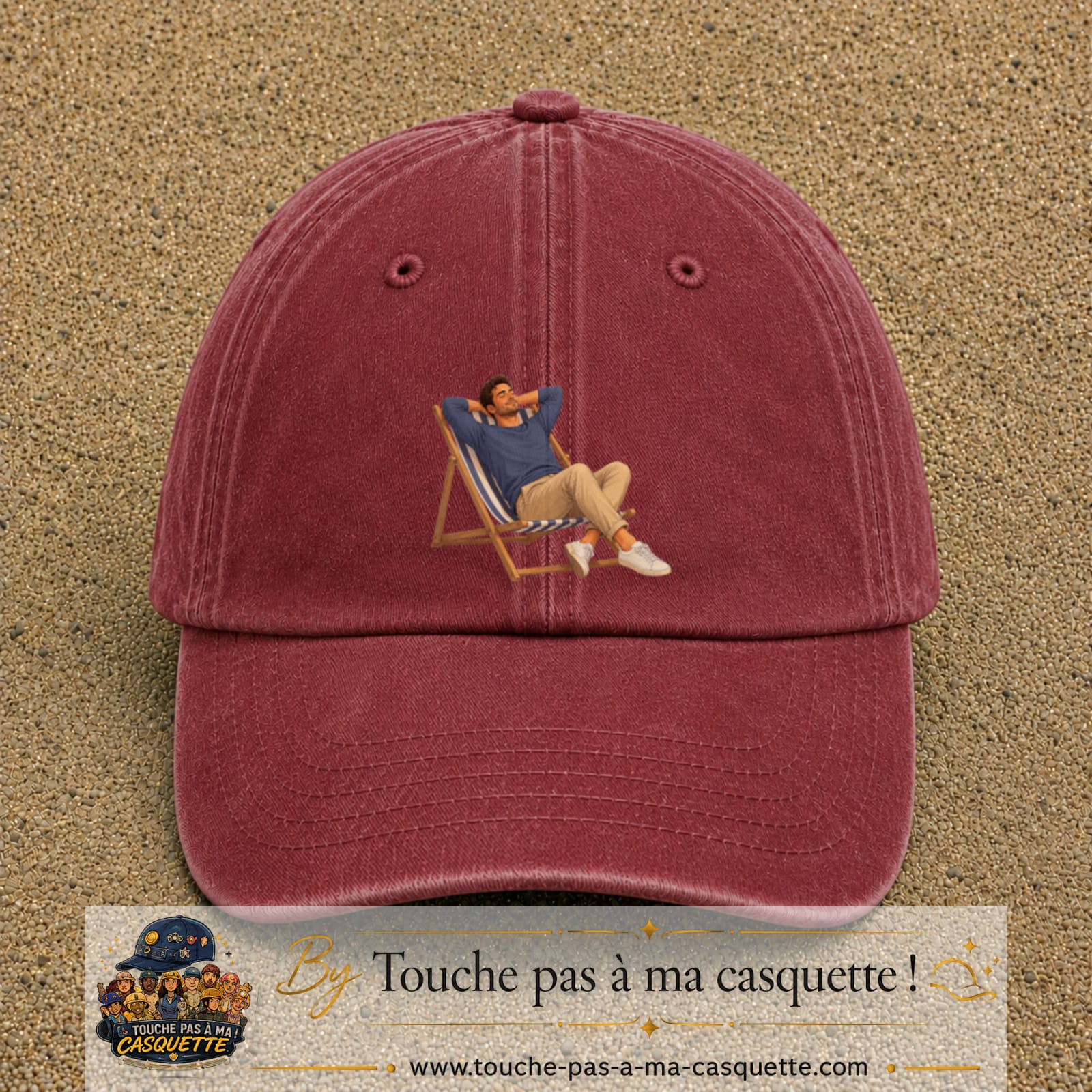 Casquette Rouge délavé - Bordeaux délavé 100% coton avec motif Pause soleil transat 7 cm - image principale