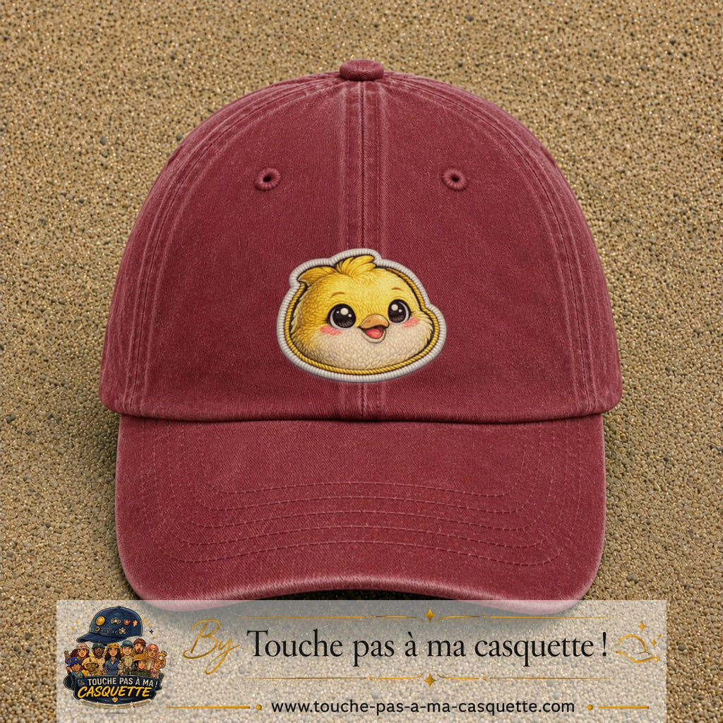 Casquette Rouge délavé - Bordeaux délavé motif Poussin joyeux 7 cm - vue principale
