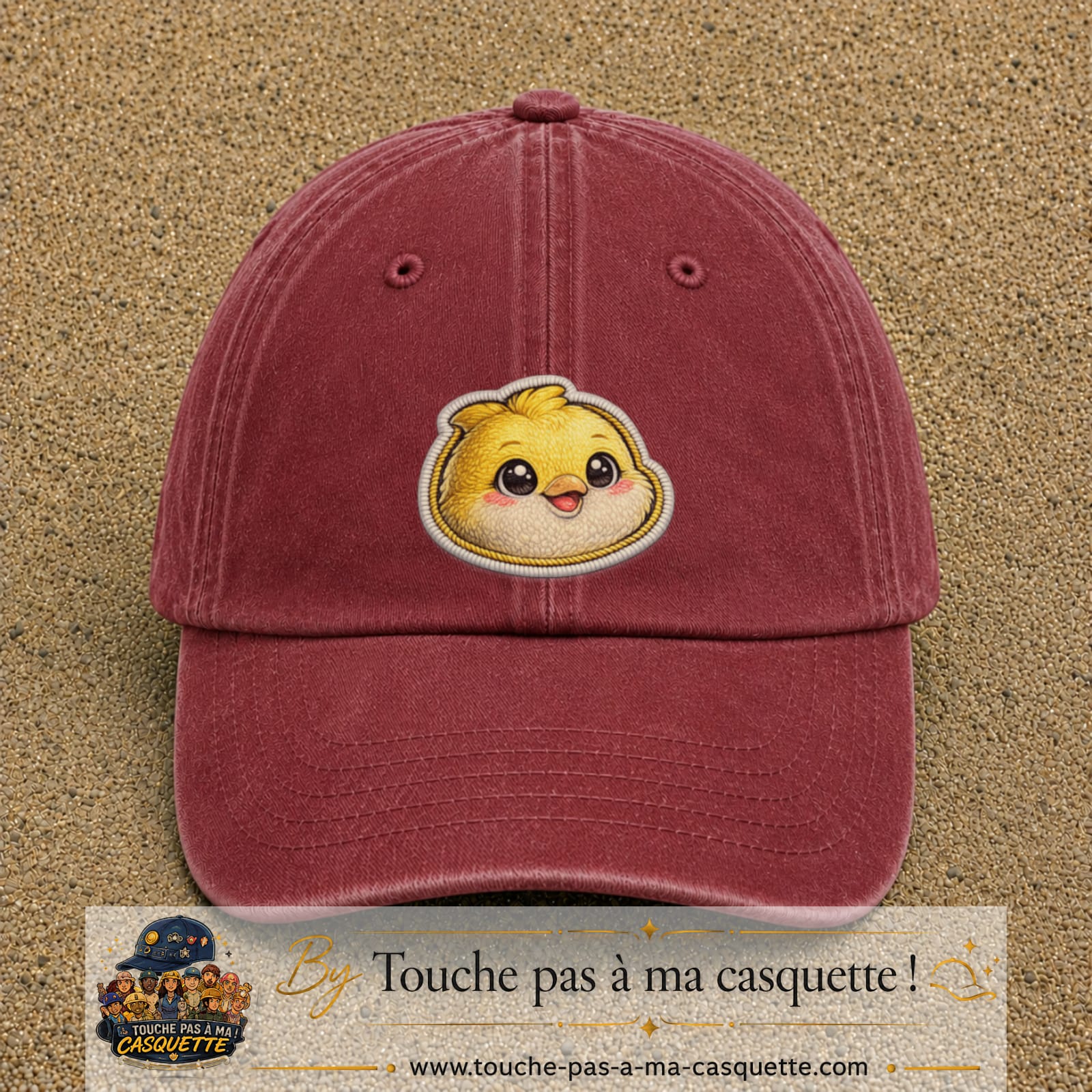 Casquette Rouge délavé - Bordeaux délavé motif Poussin joyeux 7 cm - vue principale
