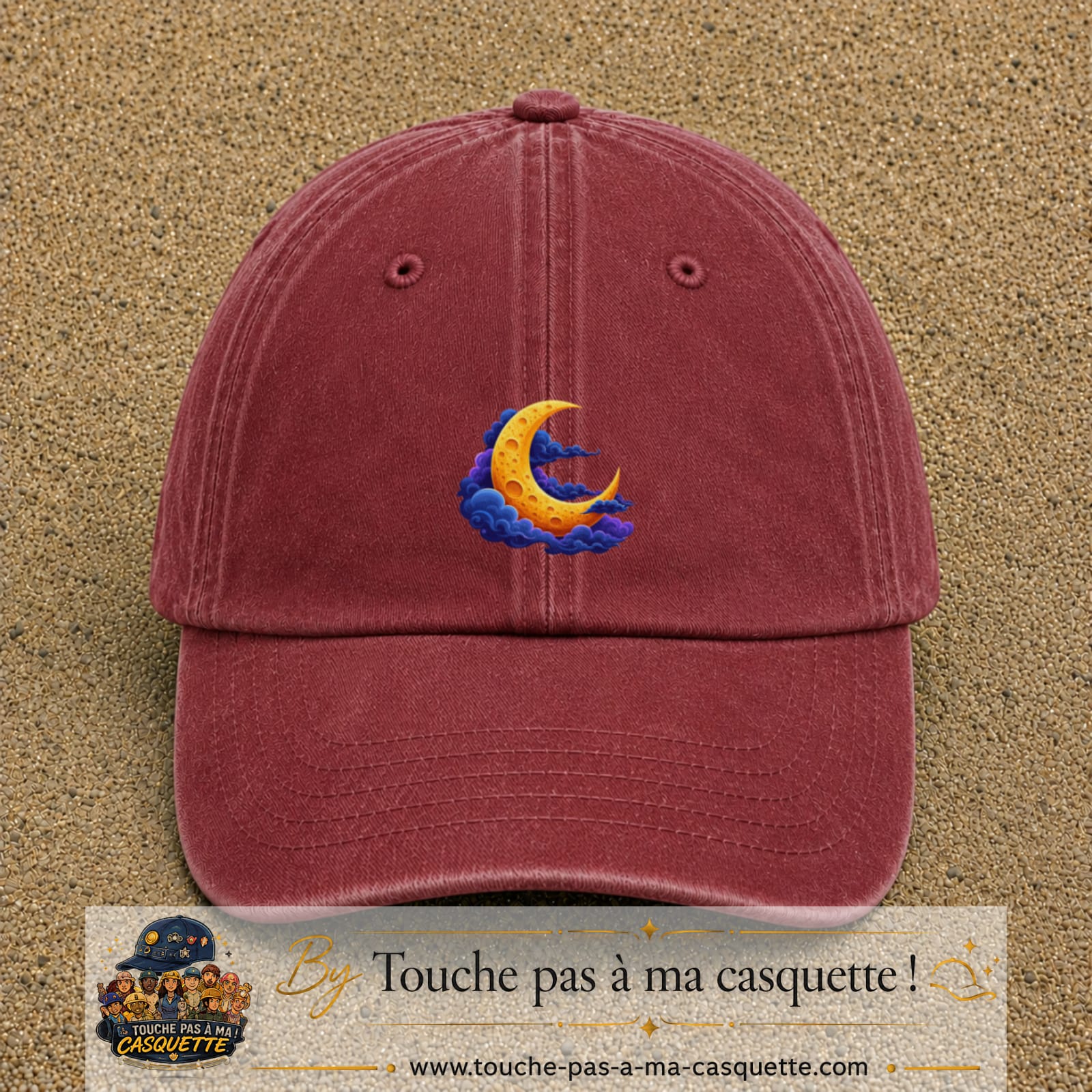 Casquette baseball Rouge délavé - Bordeaux délavé 100% coton avec motif Lune croissant 5 cm - image principale