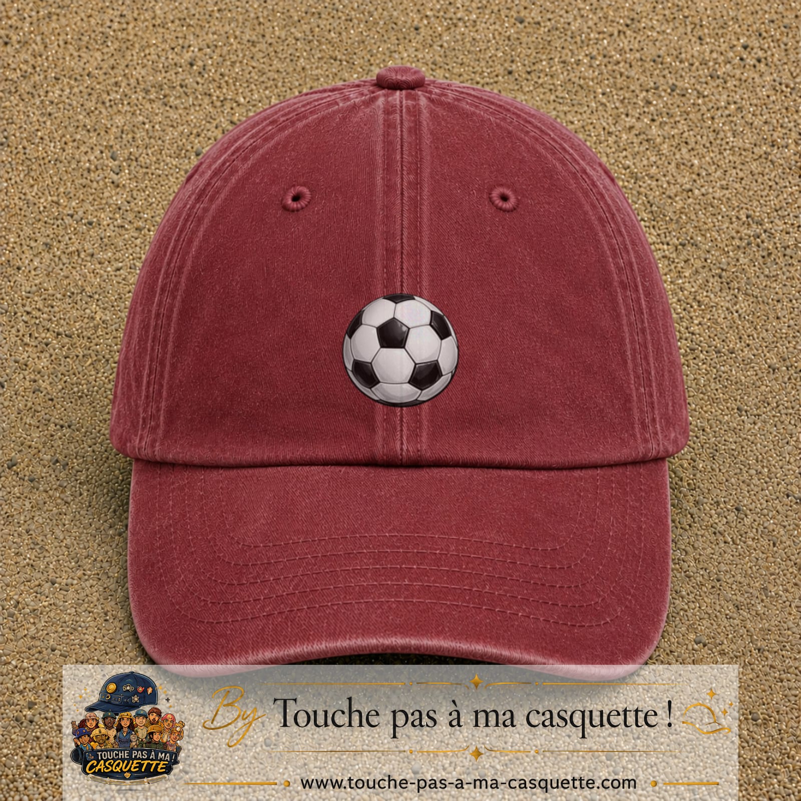 Casquette Rouge délavé - Bordeaux délavé 100% coton avec motif Ballon de football 5 cm - image principale