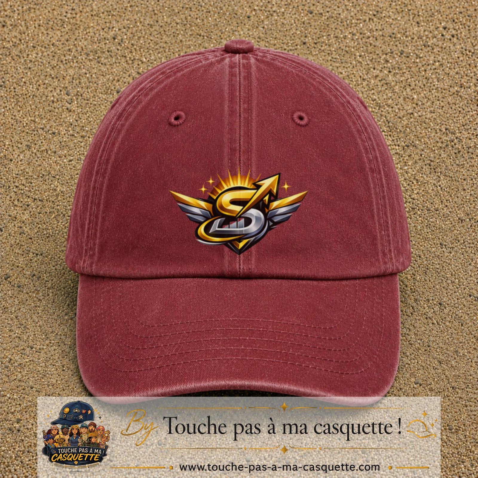 Casquette baseball Rouge délavé - Bordeaux délavé 100% coton avec visuel Éclair ailé sport 7 cm - image produit principale