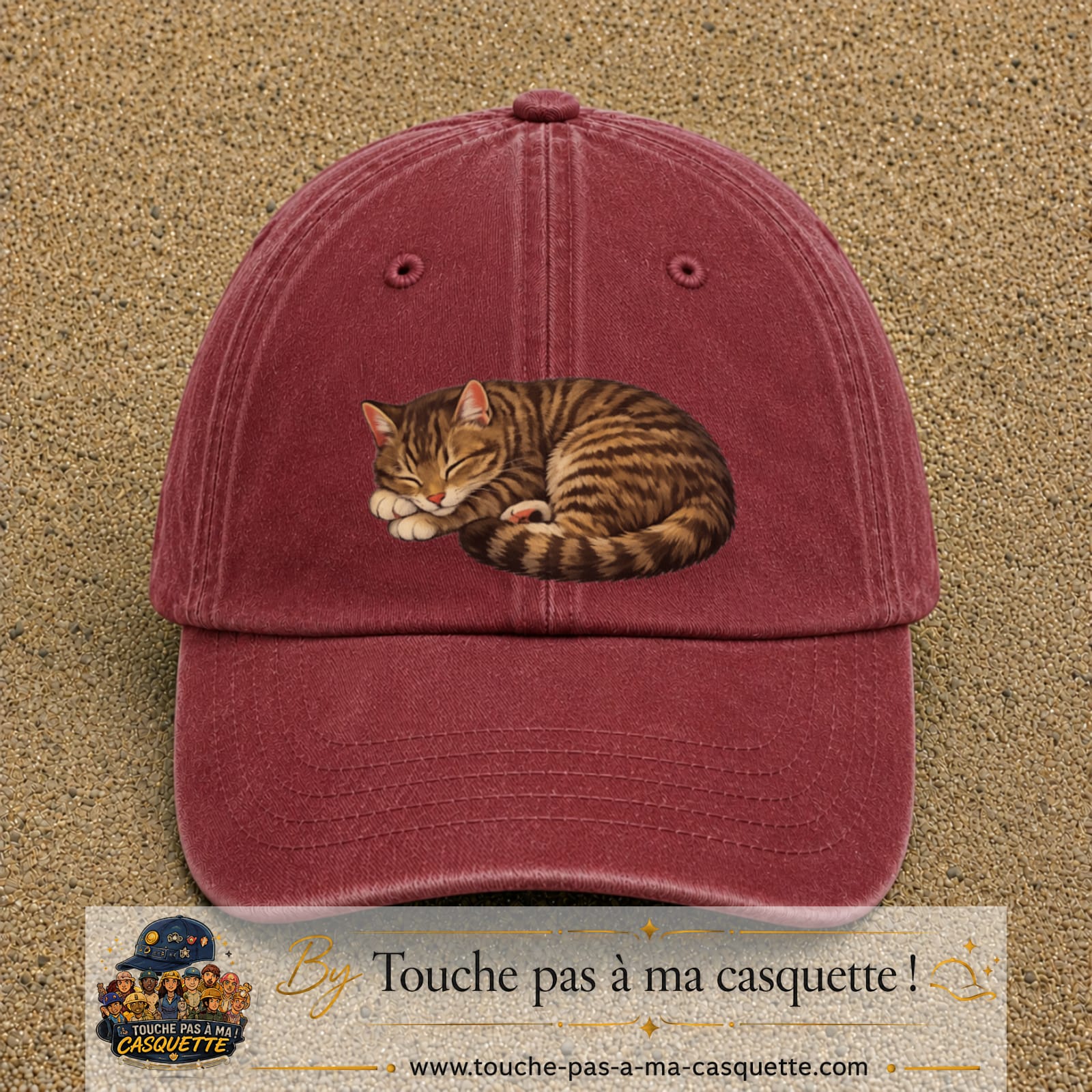 Casquette baseball Rouge délavé - Bordeaux délavé 100% coton avec motif Chat endormi 7 cm - image principale