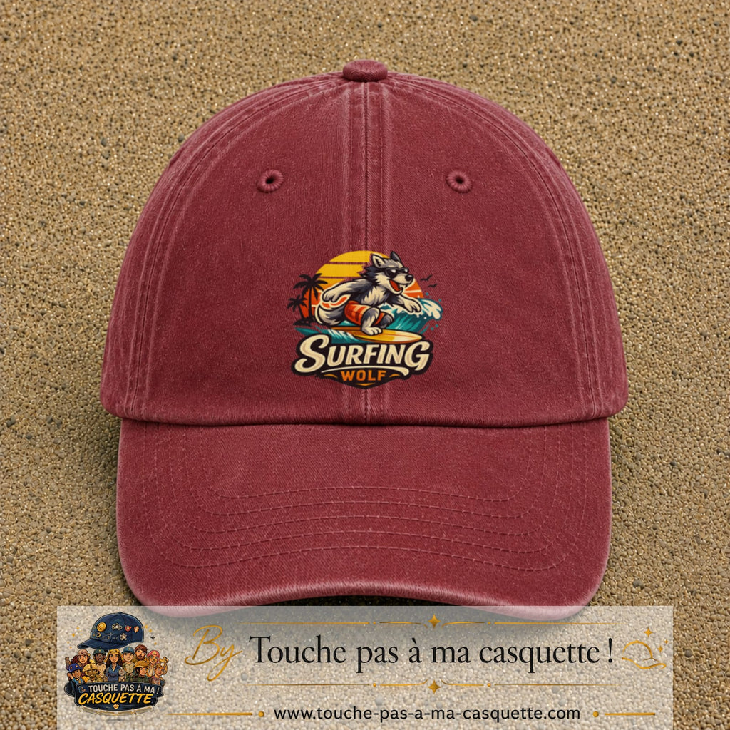 Casquette Rouge délavé - Bordeaux délavé 100% coton avec motif Surfing Wolf 7 cm - image principale