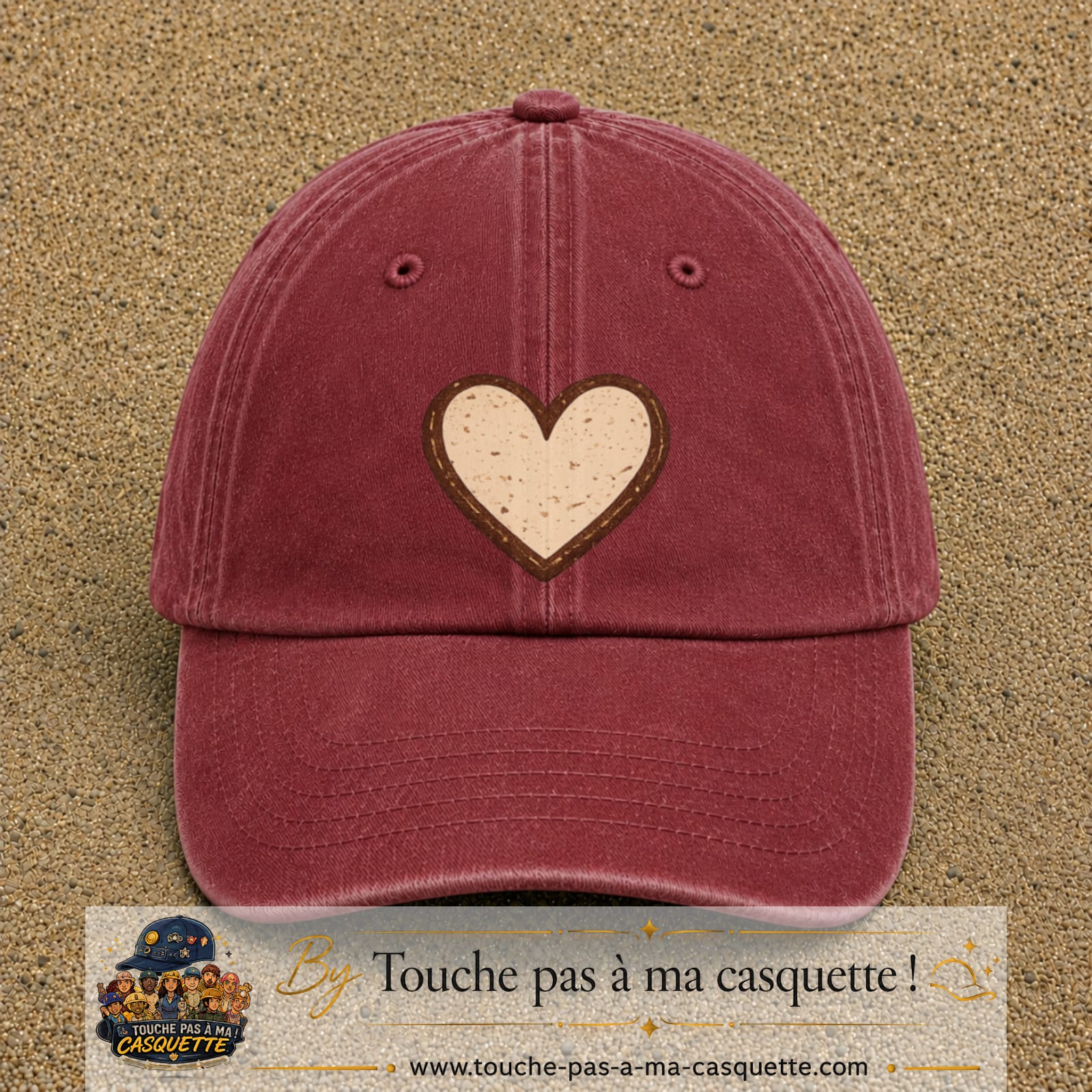 Casquette Rouge délavé - Bordeaux délavé 100% coton avec motif Cœur bohème 7 cm - image principale