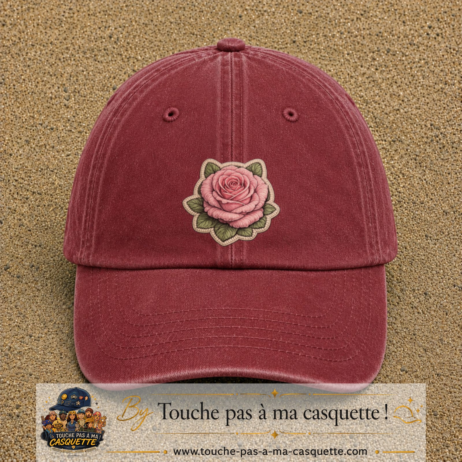 Casquette Rouge délavé - Bordeaux délavé motif Rose tendre 7 cm - vue principale