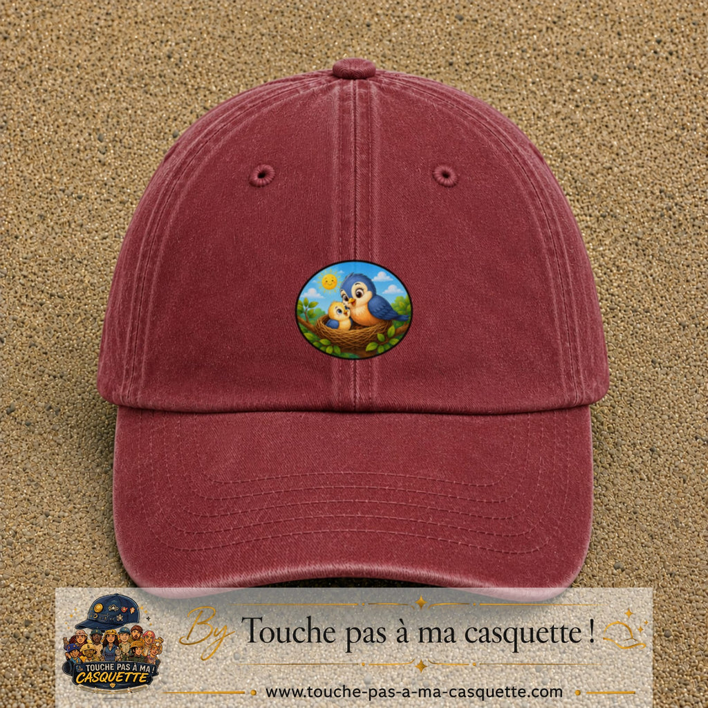 Casquette baseball Rouge délavé - Bordeaux délavé 100% coton avec visuel Oiseaux au nid 5 cm - image produit principale