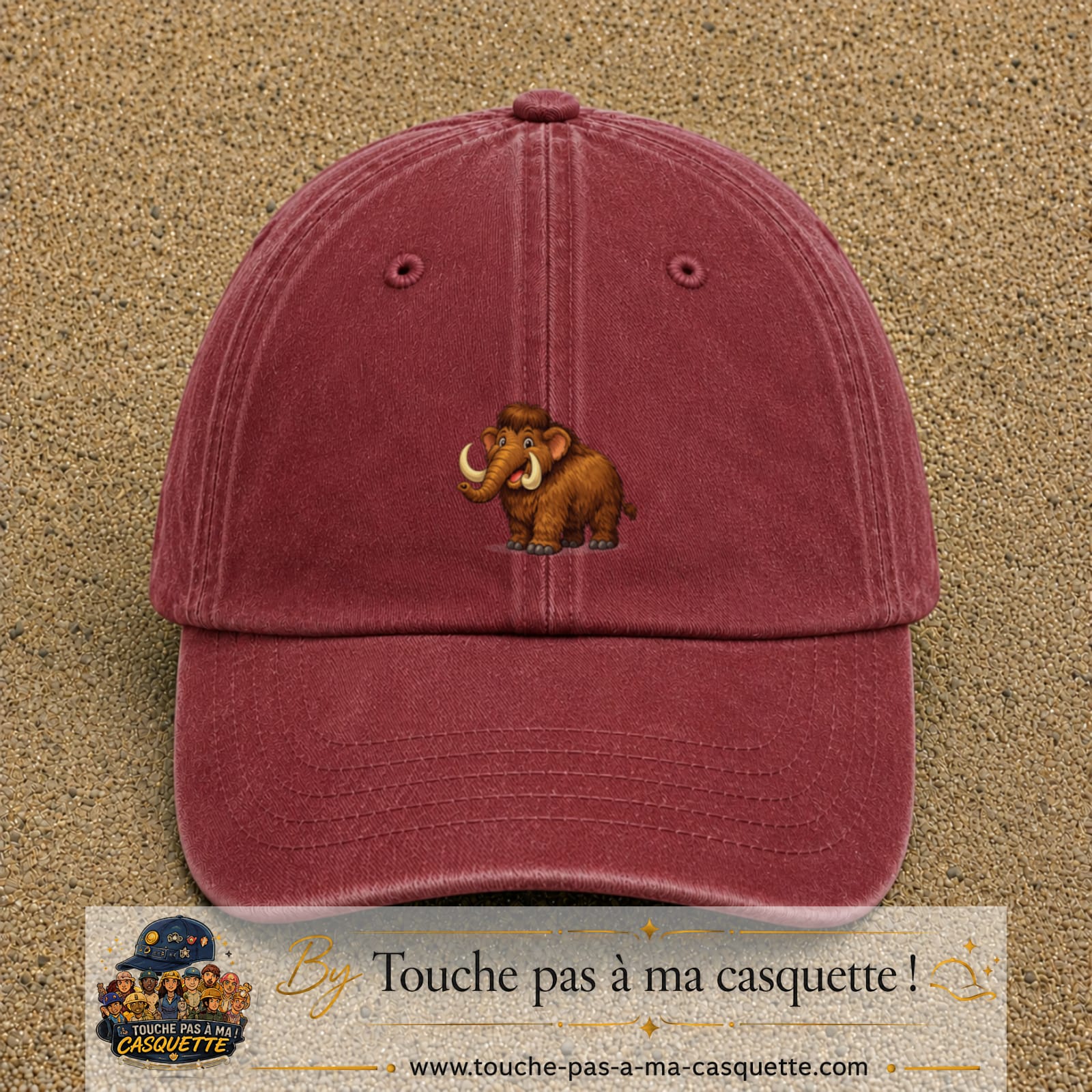 Casquette Rouge délavé - Bordeaux délavé 100% coton avec motif Mammouth cartoon 5 cm - image principale