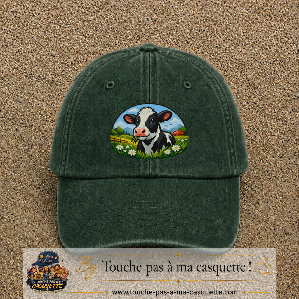 Image principale produit72grosVF - casquette Vert foncé délavé avec visuel Vache paysage 7 cm