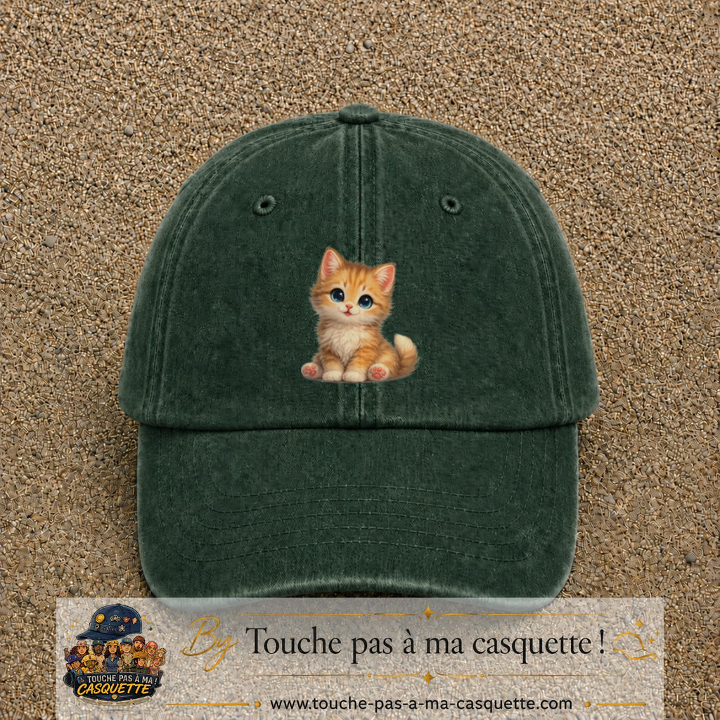 Image principale produit83grosVF - casquette Vert foncé délavé avec visuel Chaton roux 7 cm