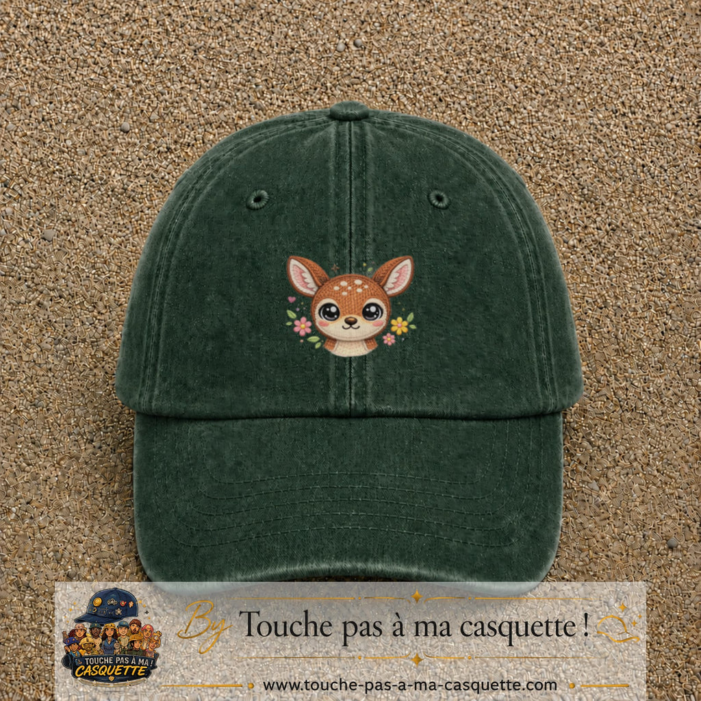 Image principale produit98moyenVF - casquette Vert foncé délavé avec visuel Faon fleuri 5 cm