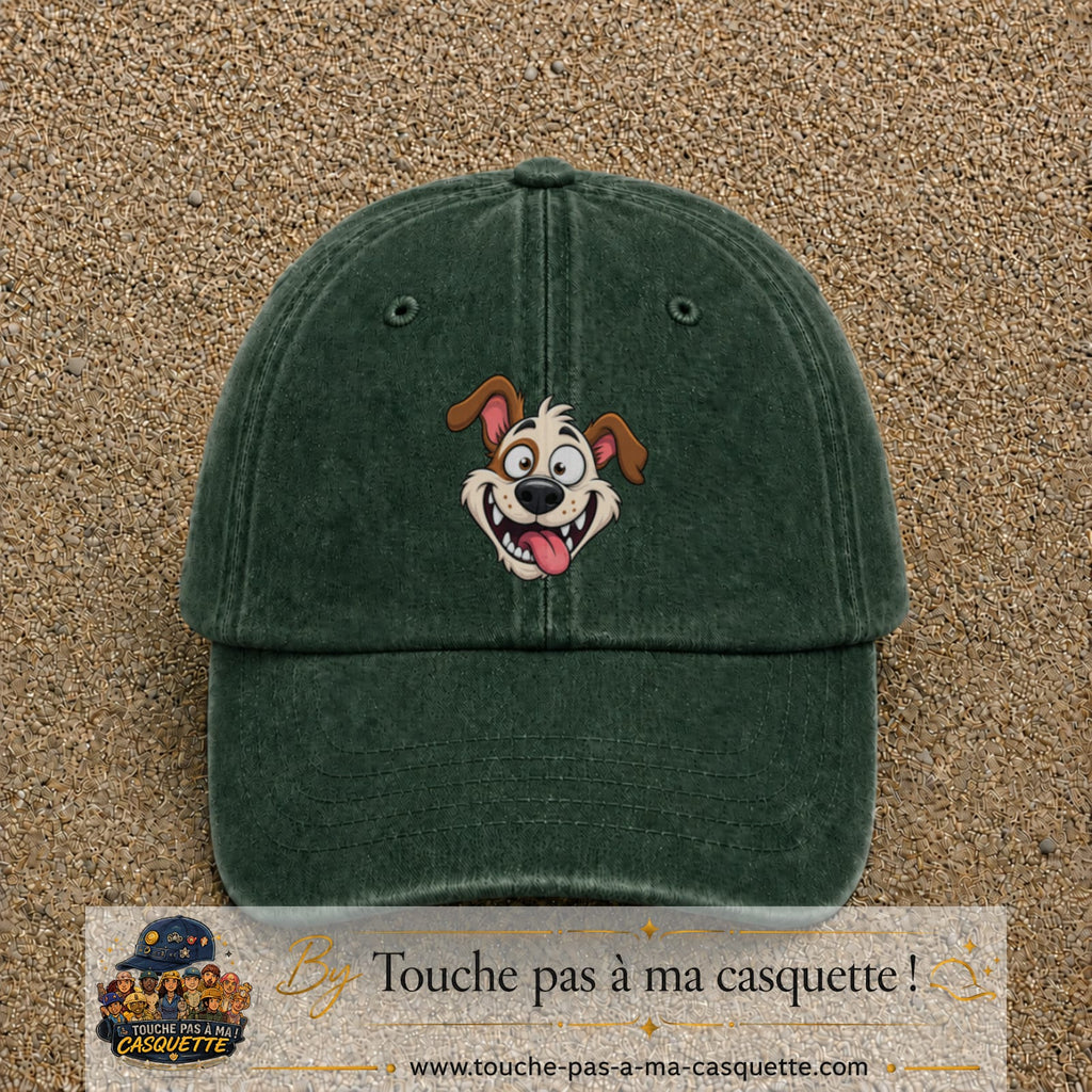 Image principale produit181grosVF - casquette Vert foncé délavé avec visuel Chien souriant 7 cm