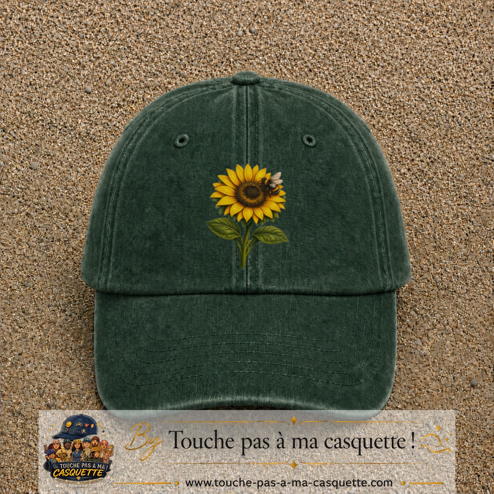 Image principale produit75grosVF - casquette Vert foncé délavé avec visuel Tournesol abeille 7 cm