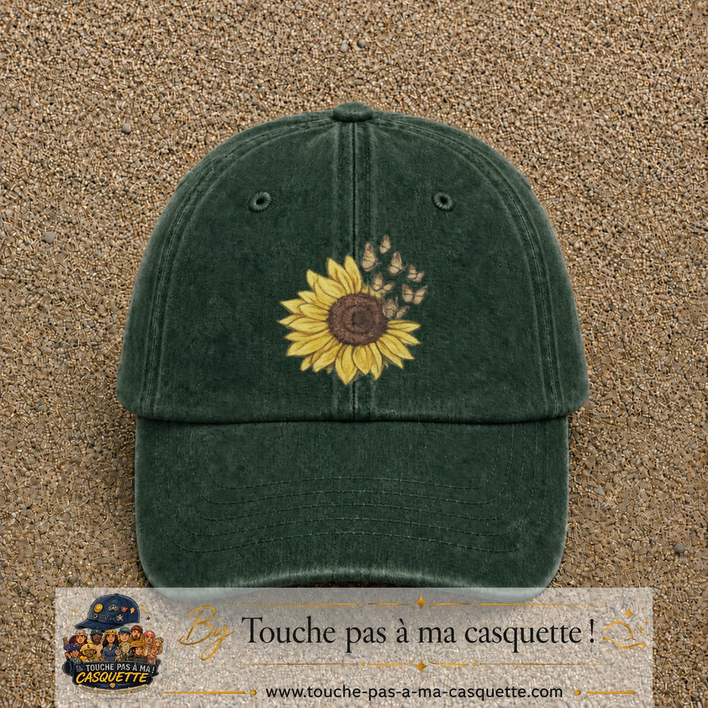 Image principale produit15grosVF - casquette Vert foncé délavé avec visuel Tournesol mandala 7 cm