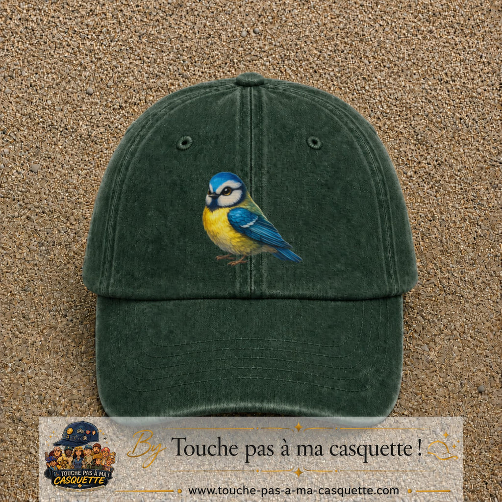 Image principale produit63grosVF - casquette Vert foncé délavé avec visuel Mésange 7 cm