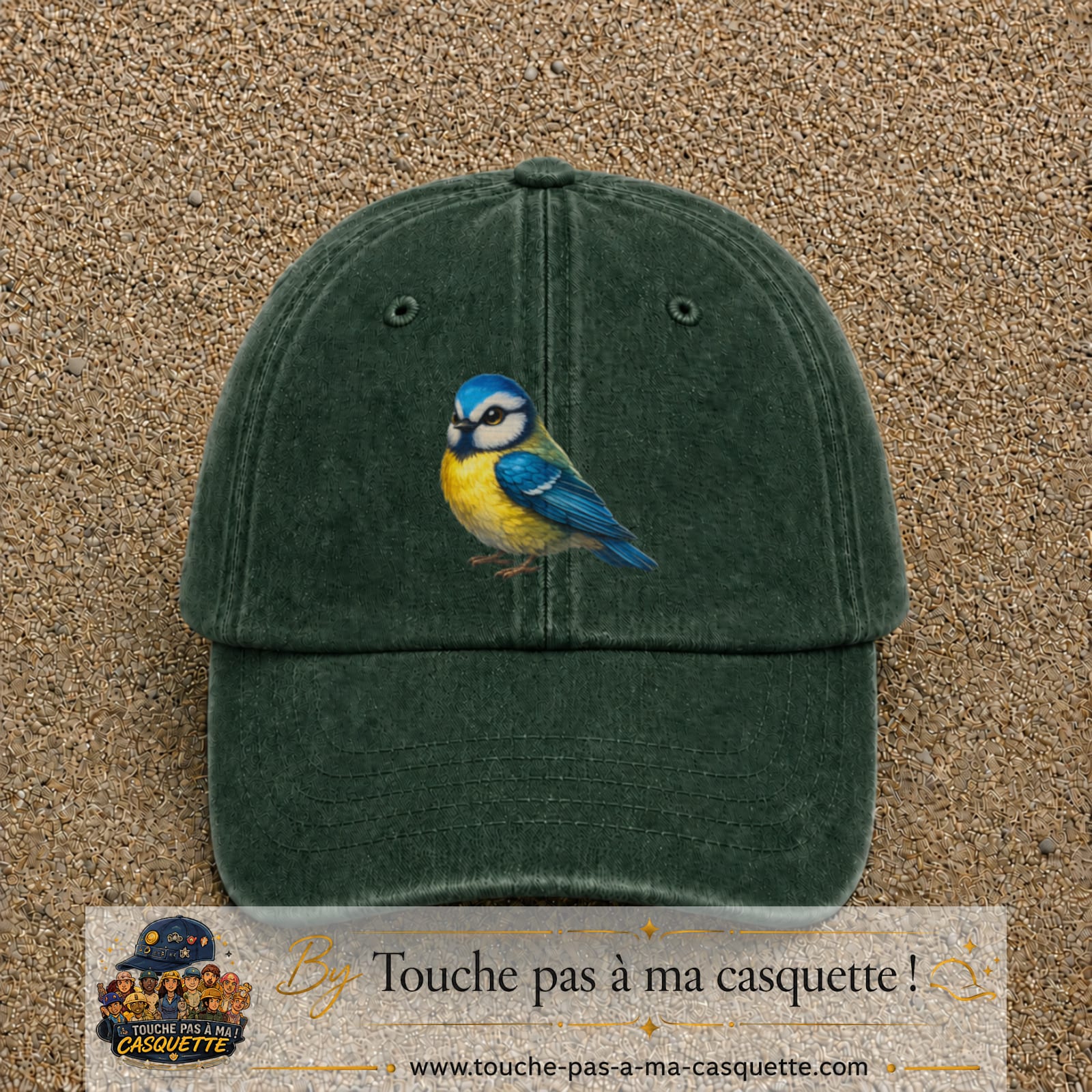 Image principale produit63grosVF - casquette Vert foncé délavé avec visuel Mésange 7 cm