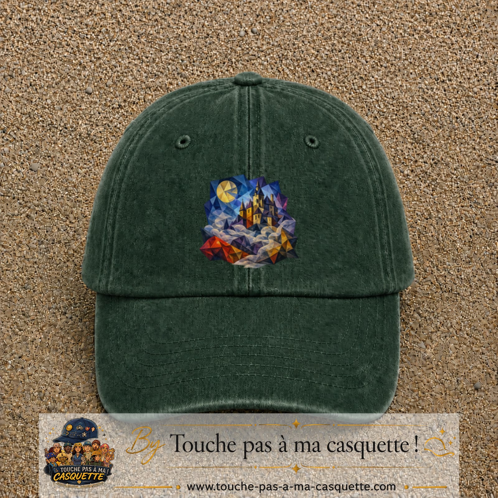 Casquette Vert foncé délavé motif Château médiéval logo 7 cm