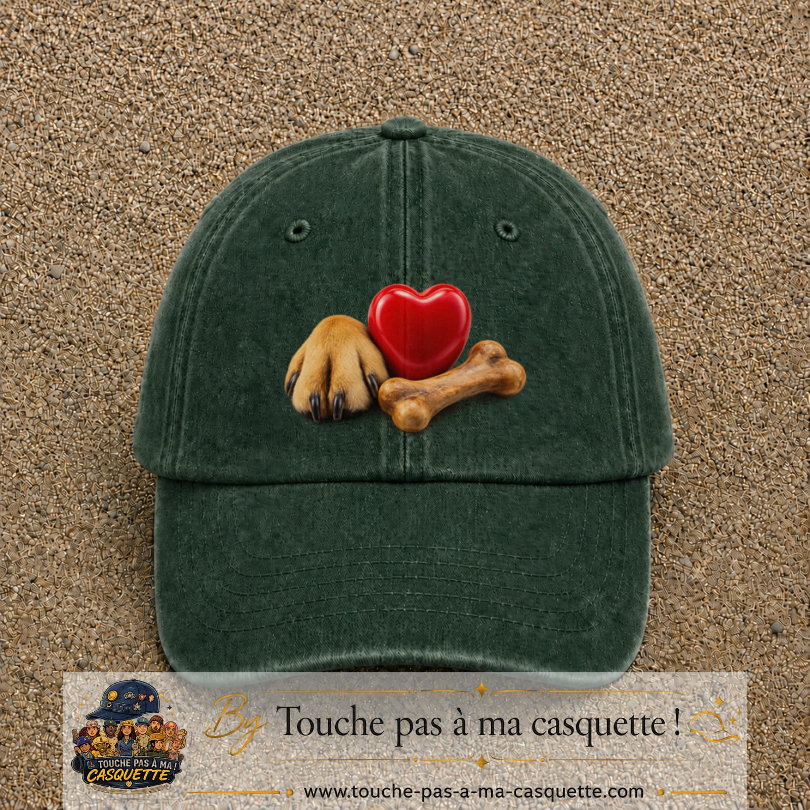 Casquette Vert foncé délavé motif Patte de chien et cœur logo 7 cm