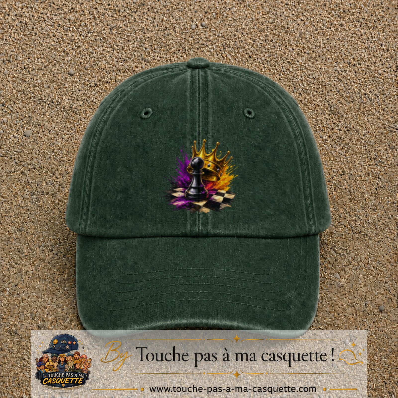 Image principale casquette Vert foncé délavé avec motif Échecs couronnés 7 cm