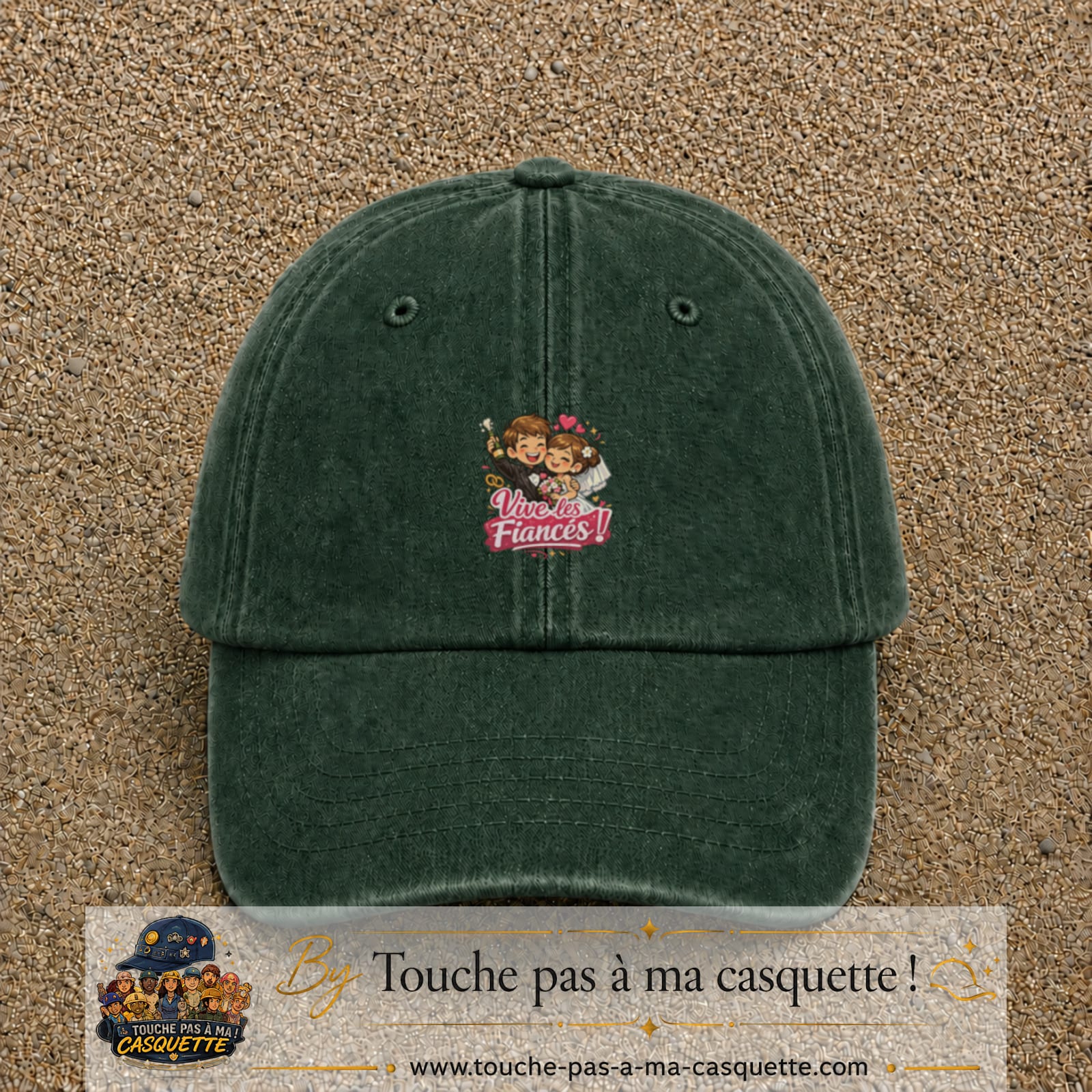 Casquette Vert foncé délavé avec motif Vive les Fiancés en 5 cm – vue principale